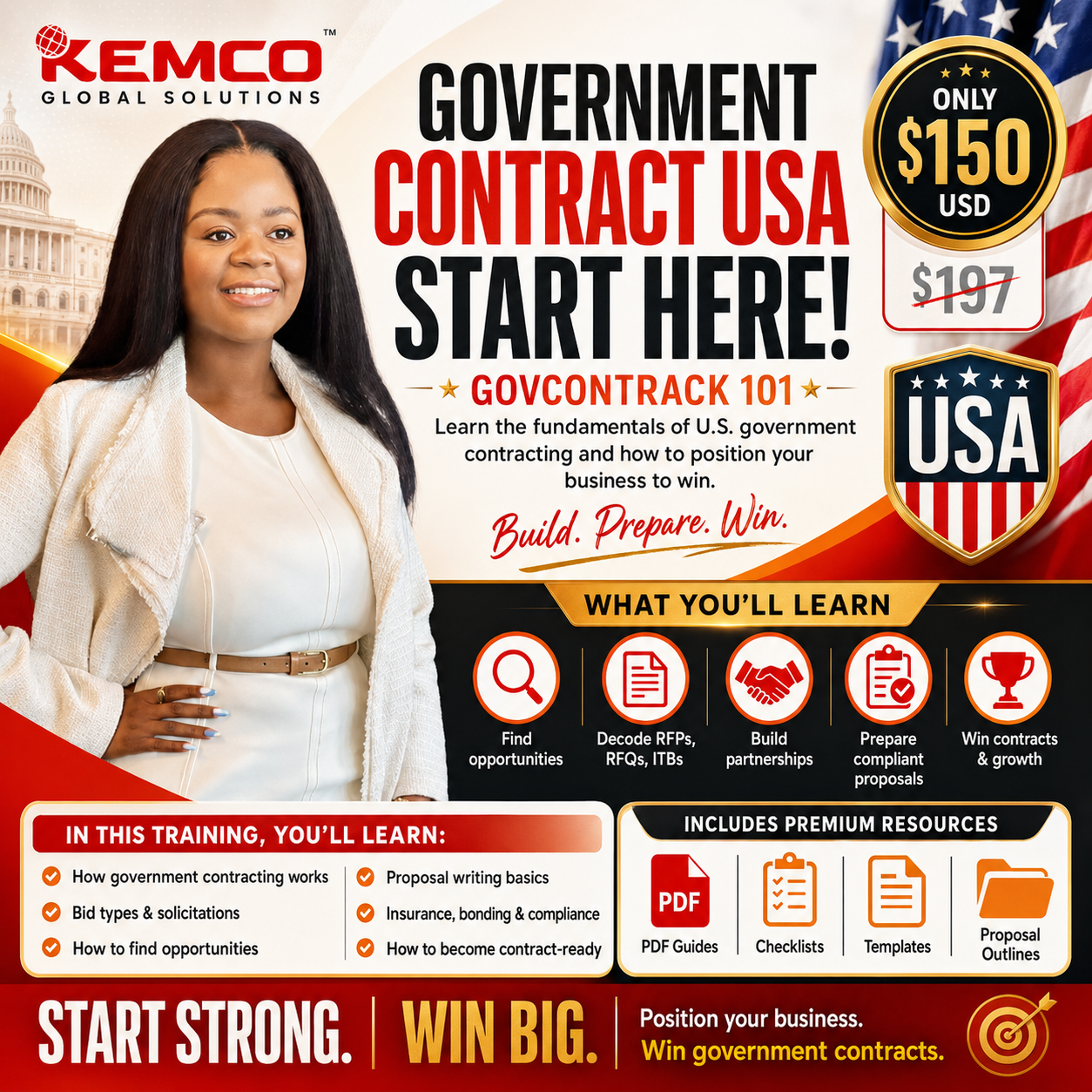 A promotional banner for a government contracting training course called GOVCONTRACT 101, featuring a woman smiling. The banner includes information about learning how to bid on U.S. government contracts, with a price of $150, reduced from $197. It highlights what you'll learn, such as finding opportunities, decoding RFPs, building partnerships, preparing proposals, and winning contracts. The banner emphasizes building, preparing, and winning, and includes icons for PDF guides, checklists, templates, and proposal outlines.