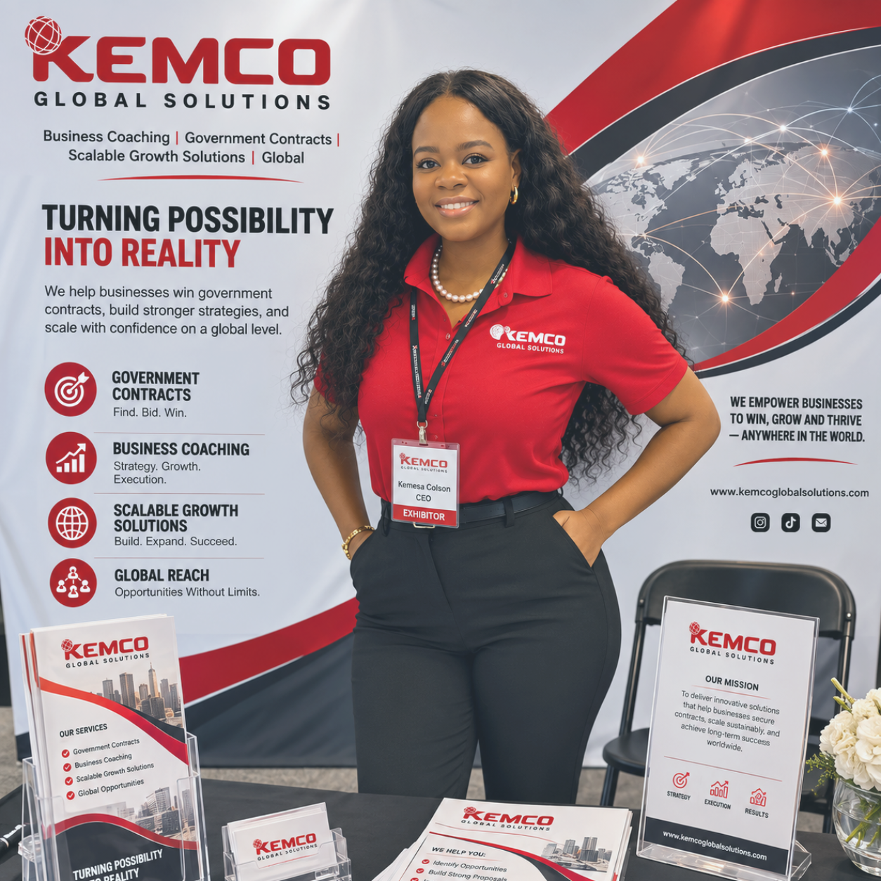 Woman at a Kemco Global Solutions booth smiling, wearing a red polo shirt and an exhibitor badge. The booth features a large backdrop with branding, world map, and promotional information about government contracts, business coaching, growth solutions, and global reach.