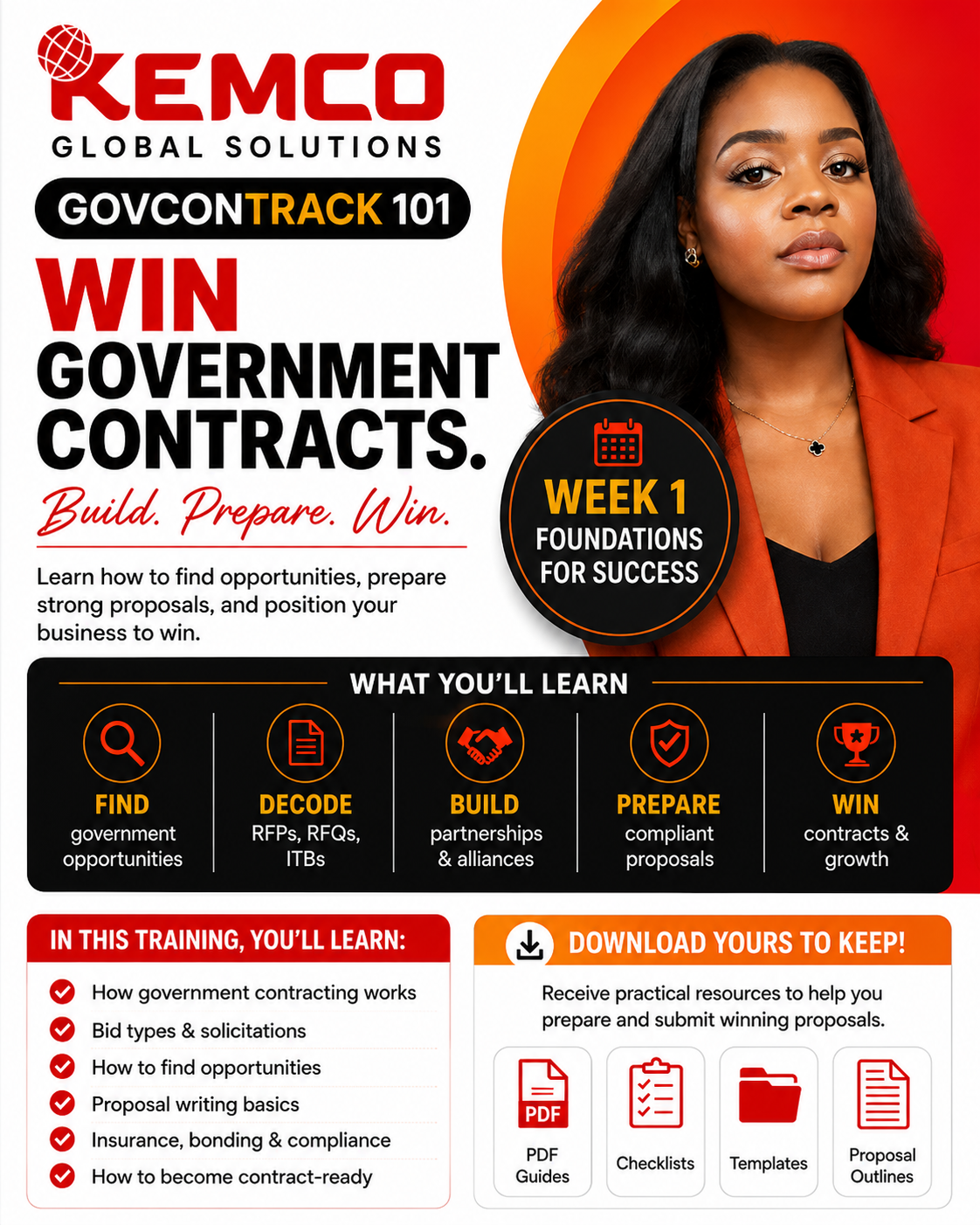 Advertise for Kemco Global Solutions' Government Contracting training program. The ad features a woman with long dark hair, wearing an orange blazer and black top, promoting a week-long foundational training on government contracts, including how to find opportunities, prepare proposals, and win contracts, with downloadable resources like PDF guides, checklists, templates, and outlines.