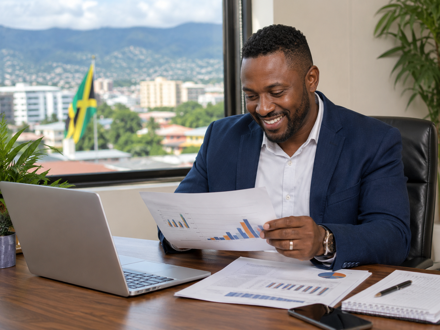 A man in a business suit sitting at a desk with charts and documents, smiling while looking at a sheet of paper, with a laptop, green plant, and cityscape with hills and buildings in the background.