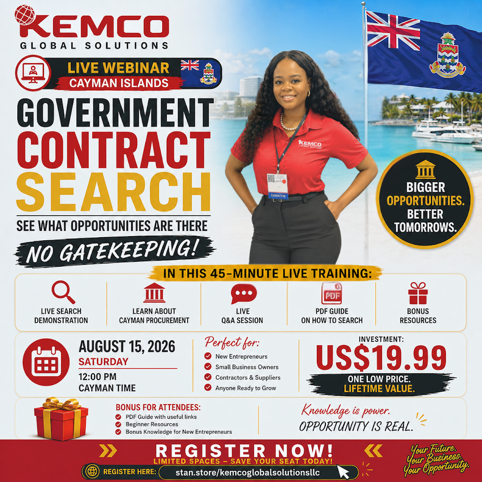 Promotional poster for a live webinar on government contract search, hosted by Kemco Global Solutions in the Cayman Islands, featuring a woman in a red Kemco polo shirt standing outdoors with a Cayman Islands flag and boats in the background.