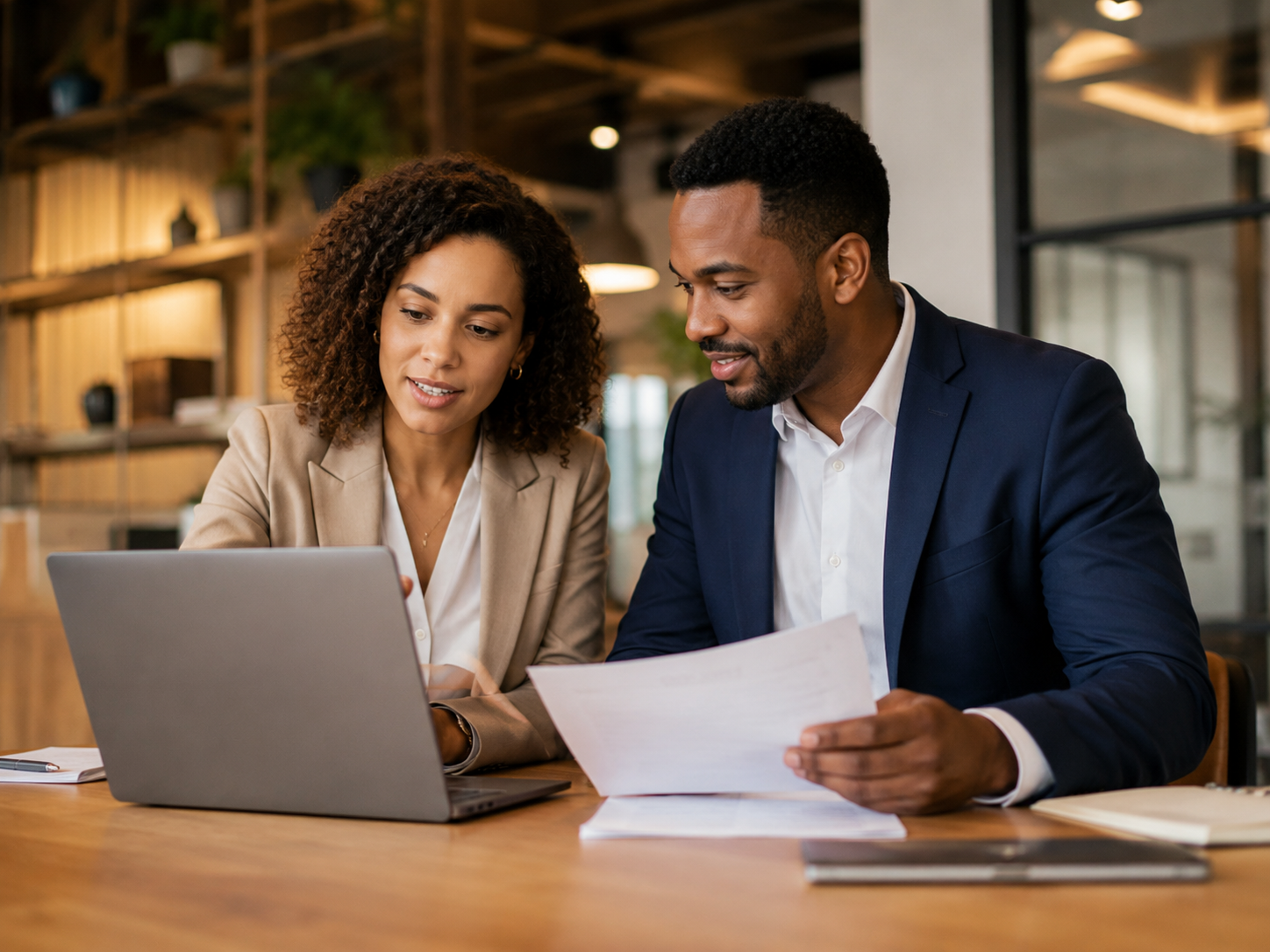Two professionals, a woman and a man, sitting at a desk in an office, looking at documents and a laptop.