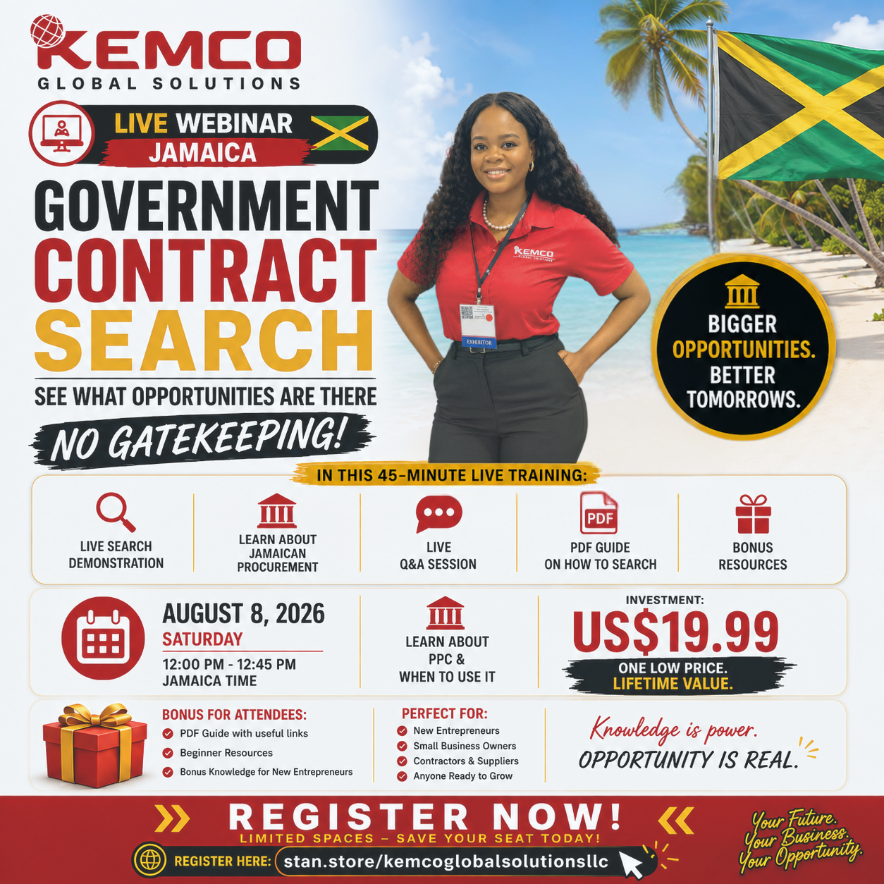 A promotional flyer for a live webinar on government contract search hosted by Kemco Global Solutions, featuring a woman in a red Kemco shirt standing on a beach with palm trees and Jamaican flags, with details about the event date, time, content, price, and registration link.