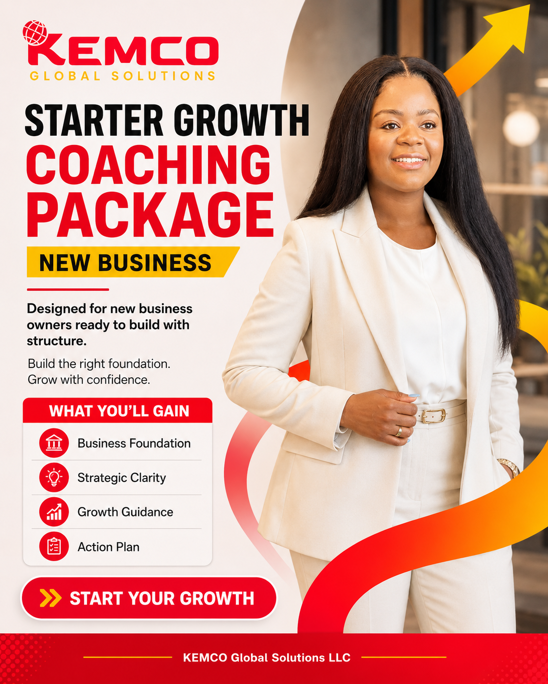 A promotional flyer for KEMCO Global Solutions LLC advertising a starter growth coaching package for new business owners, featuring a woman in a white suit and yellow background accents.