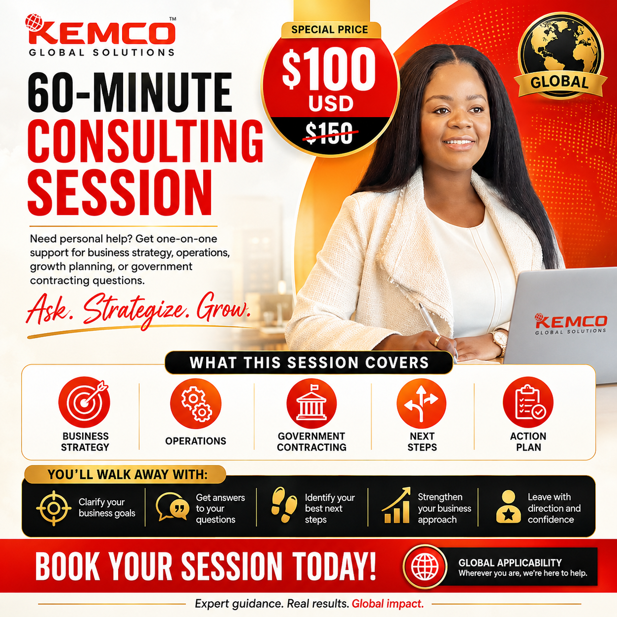 Promotional flyer for KEMCO Global Solutions' 60-minute consulting session, priced at $100 USD, with details on session coverage, benefits, and booking call to action.