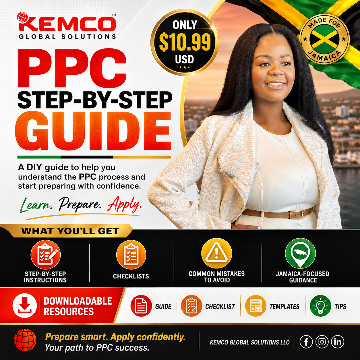 Cover of a PPC step-by-step guide by Kemco Global Solutions, featuring a smiling woman in a white outfit with an ocean and cityscape background, Jamaican flag emblem, and highlighted price of $10.99.