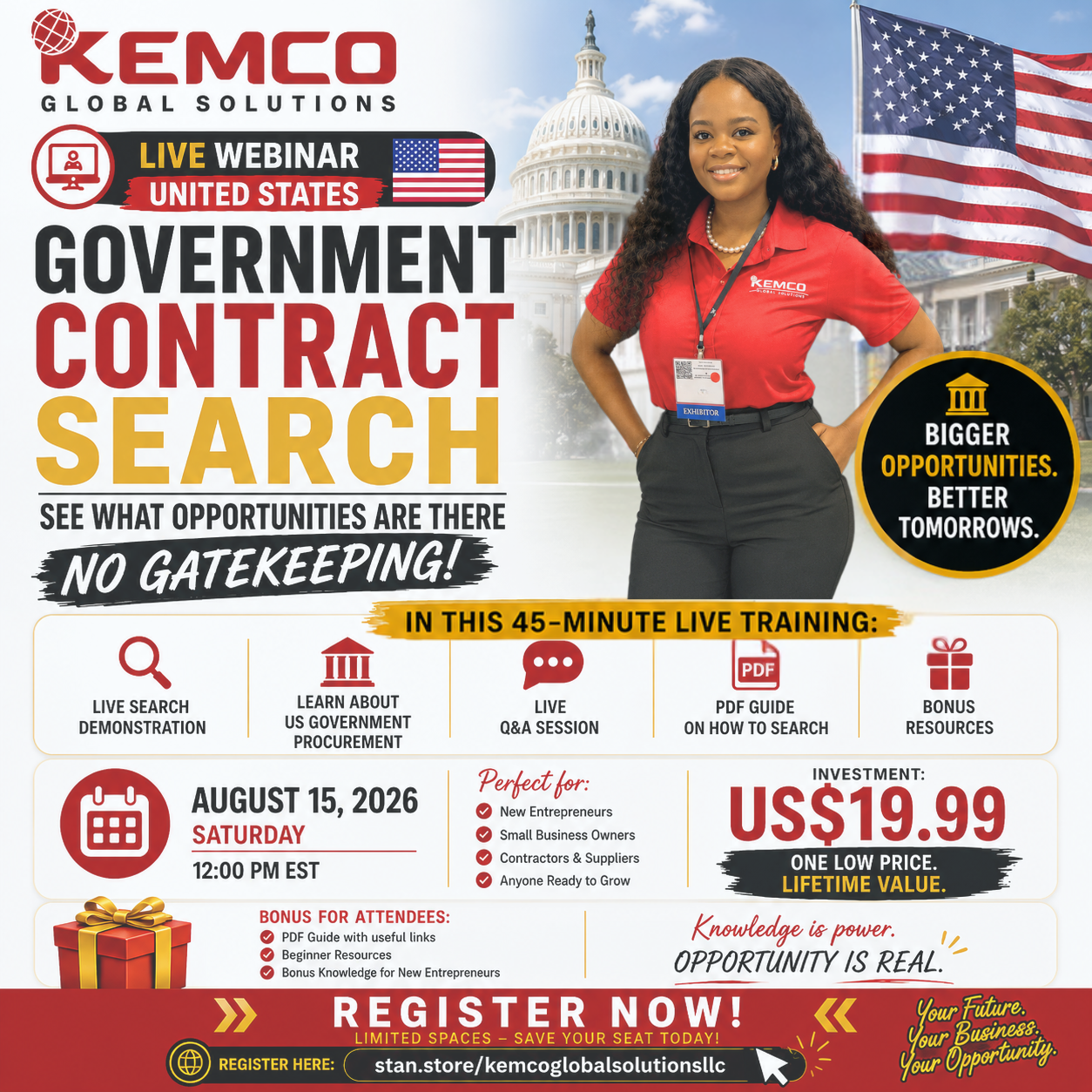 A promotional flyer for a live webinar about government contract search by Kemco Global Solutions. Features a woman in a red shirt with an American flag background, the US Capitol building, and various event details including date, time, agenda, and registration link.