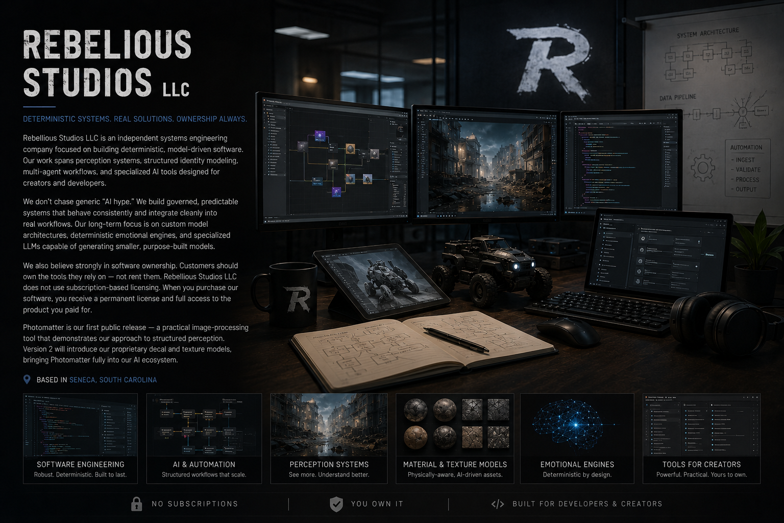 A dark workspace showcasing three computer screens with software interfaces, a tablet with a 3D car model, a drawing notebook, a pen, a mug with a logo, a toy car, a keyboard, a mouse, and headphones on a desk. A whiteboard with diagrams is visible in the background. The left side of the image contains an informational paragraph about Rebellious Studios LLC.