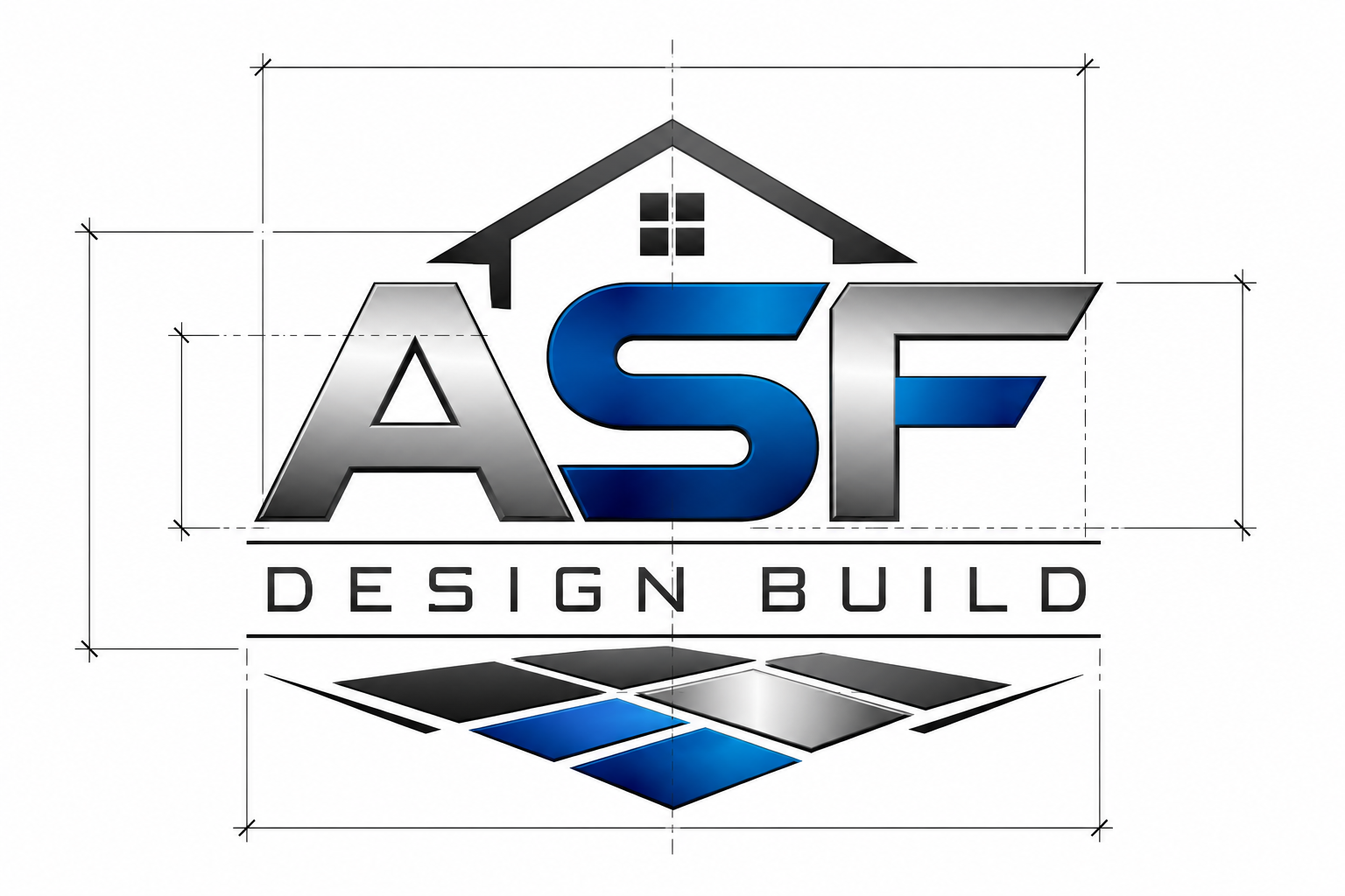 A logo with a house illustration above the word 'ASF' in metallic blue and silver, and the phrase 'DESIGN BUILD' underneath, with a 3D geometric shape in black and blue below.