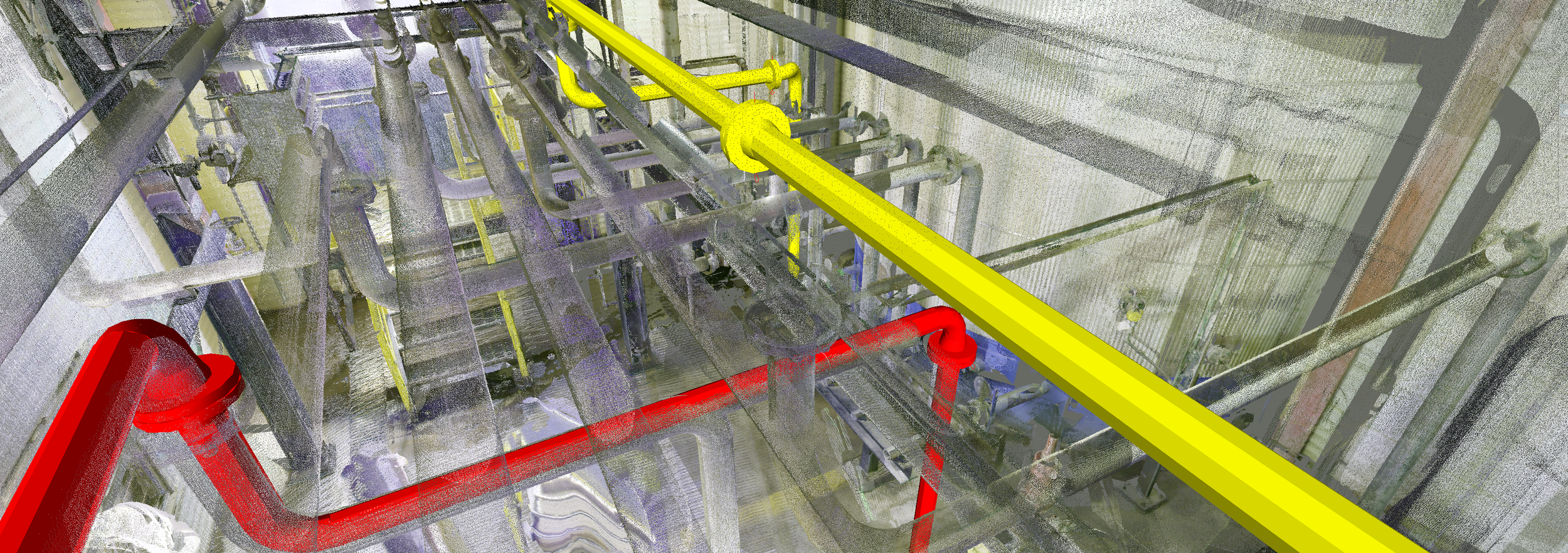 A digital 3D rendering of an industrial piping system with yellow, blue, and red pipes running through a facility, viewed from below.