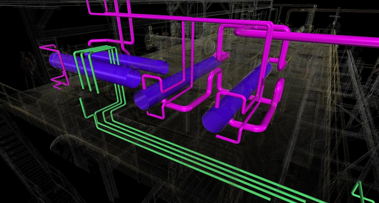 3D digital cross-section of an industrial facility showing purple pipelines, green piping, and various connections.