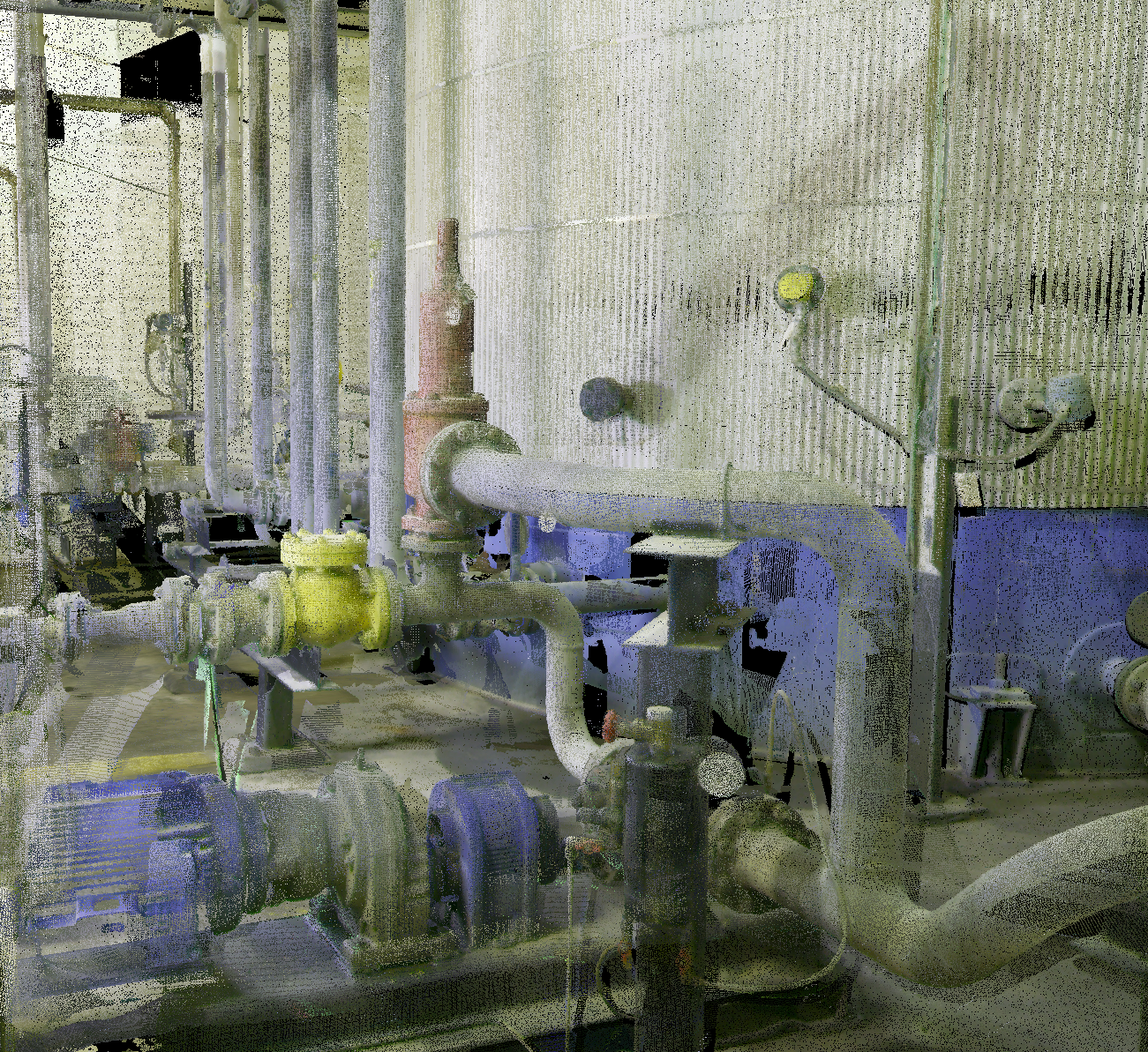 Industrial piping and valves on a concrete wall, including a large elbow pipe and various gauges and control mechanisms.