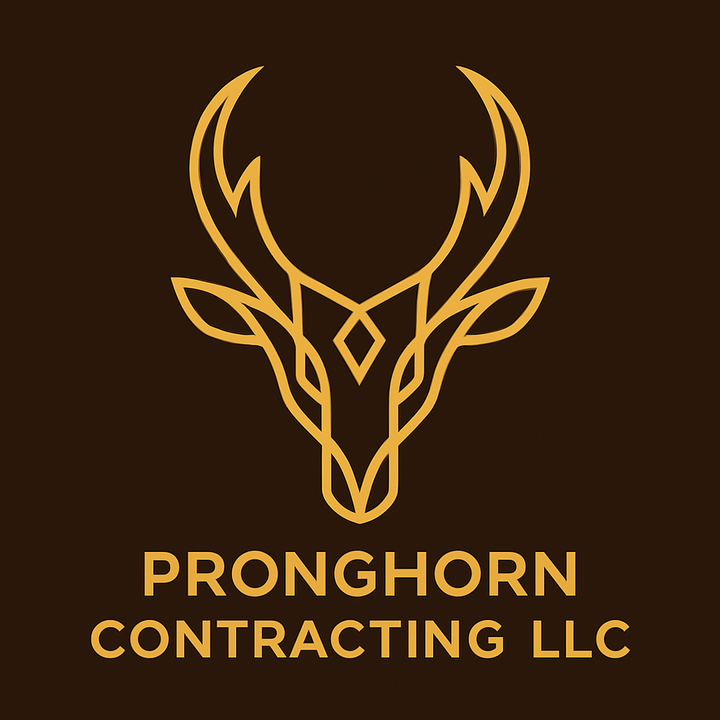 Gold outline of a deer's head with antlers, above the text 'PRONGHORN CONTRACTING LLC' on a black background.
