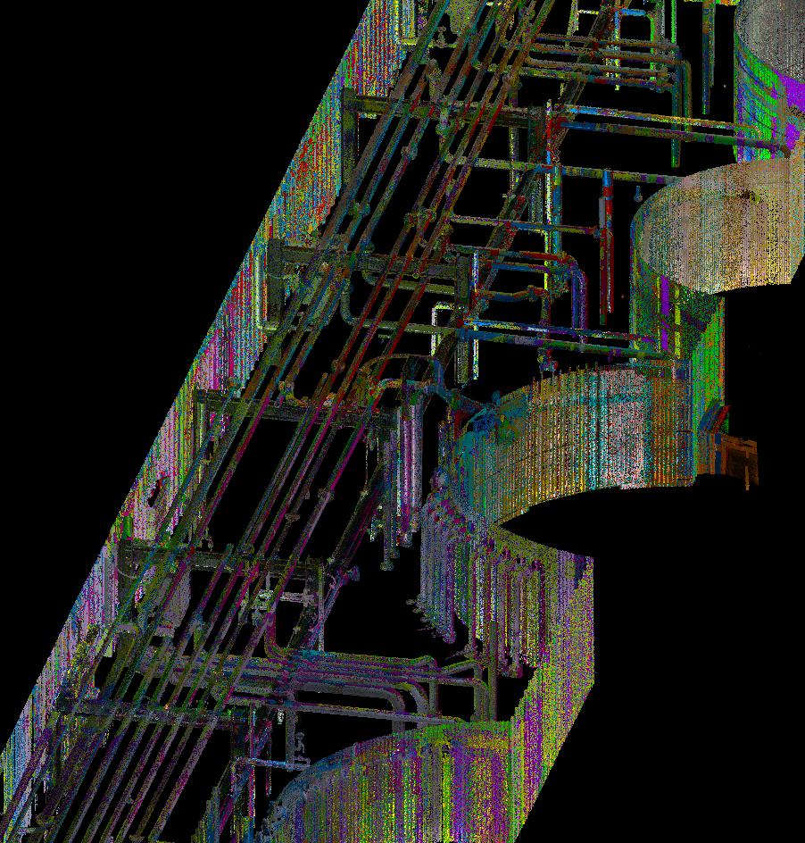 Colorful digital error image of a staircase and pipes against a black background.