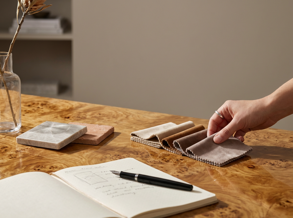 Person's hand selecting fabric swatches on a wooden table, with study notes and a pen in the foreground, and a glass vase with dried branches in the background.