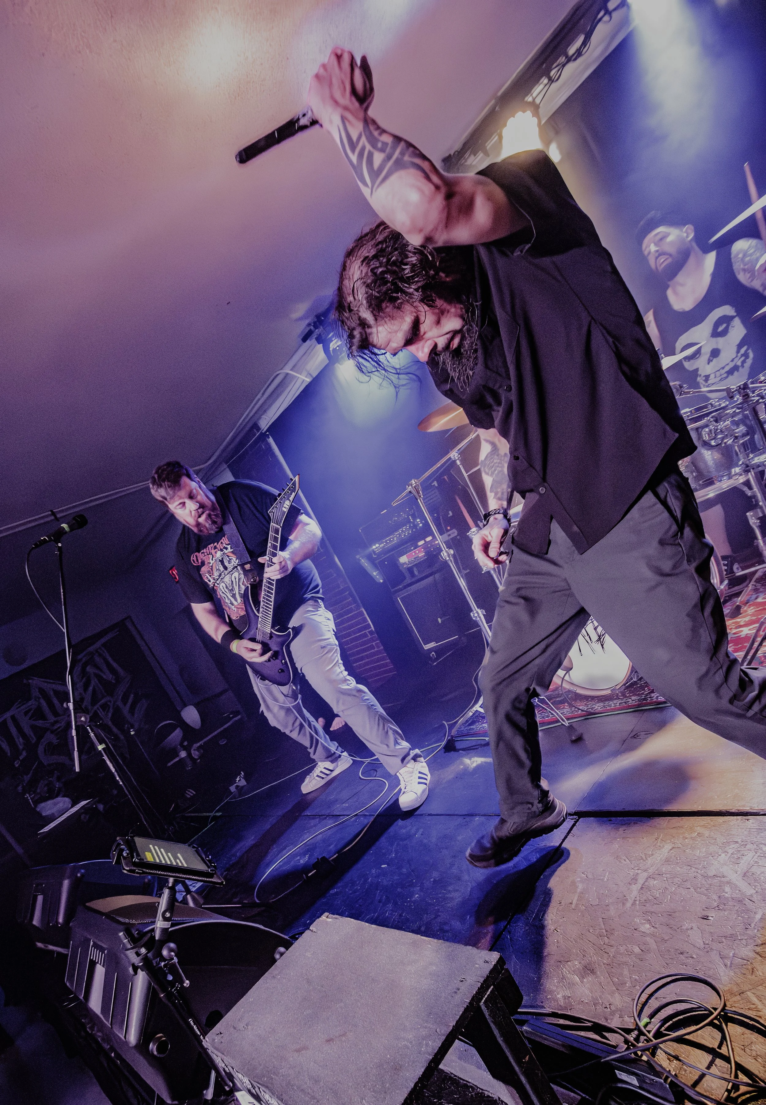 Two musicians performing on stage—one with long hair, beard, and tattooed arm holding a microphone, singing passionately, and the other with short hair and beard playing an electric guitar, both intensely engaged in their performance. Stage lights il
