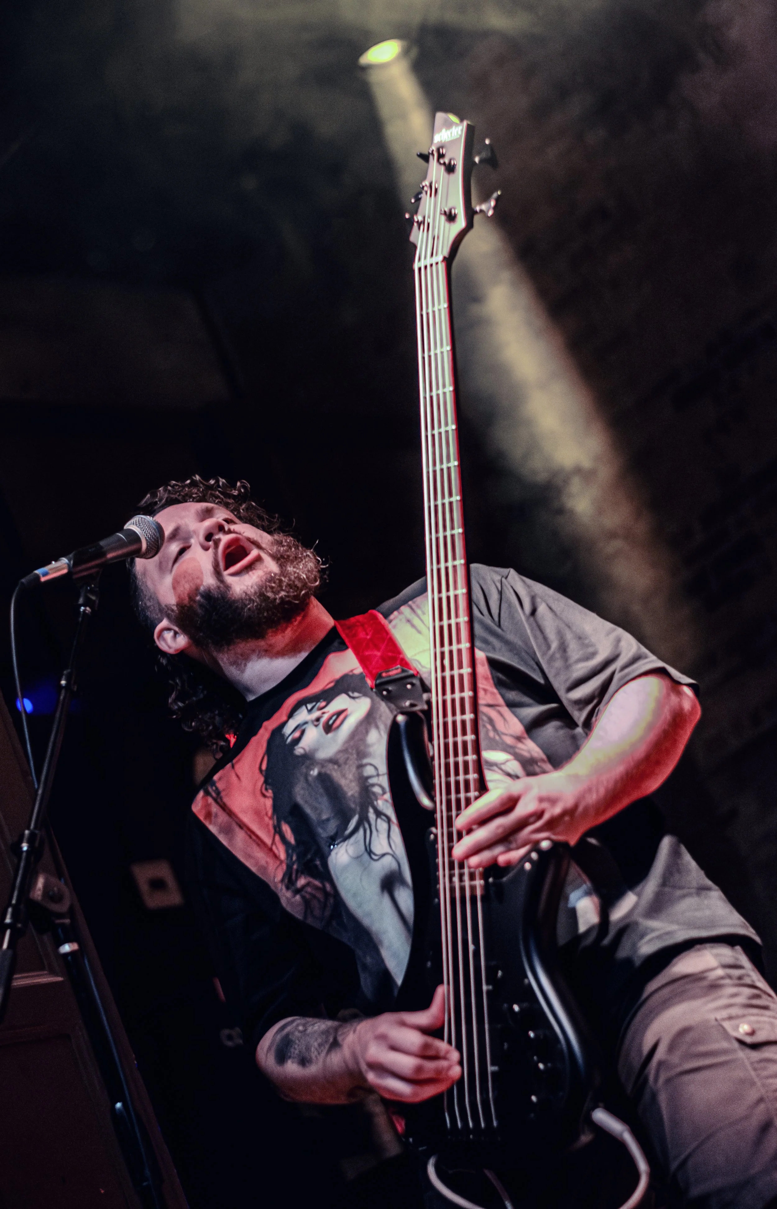 A man with a beard and curly hair passionately singing into a microphone while playing an electric bass guitar on stage. The stage has dark lighting and a textured dark background.