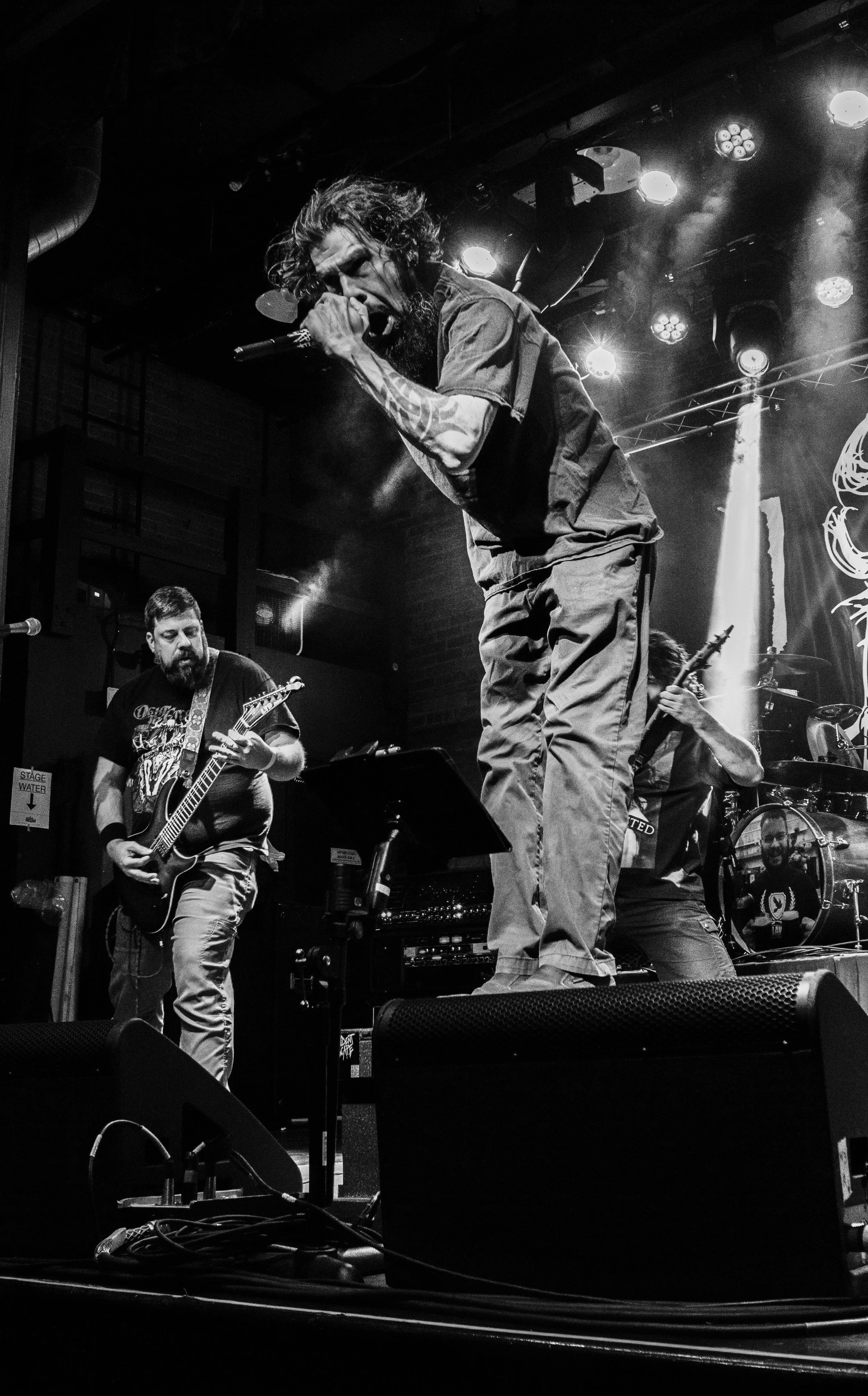 Black and white photo of a band performing live on stage, with a vocalist singing passionately into a microphone, a guitarist playing, and other band members visible in the background.
