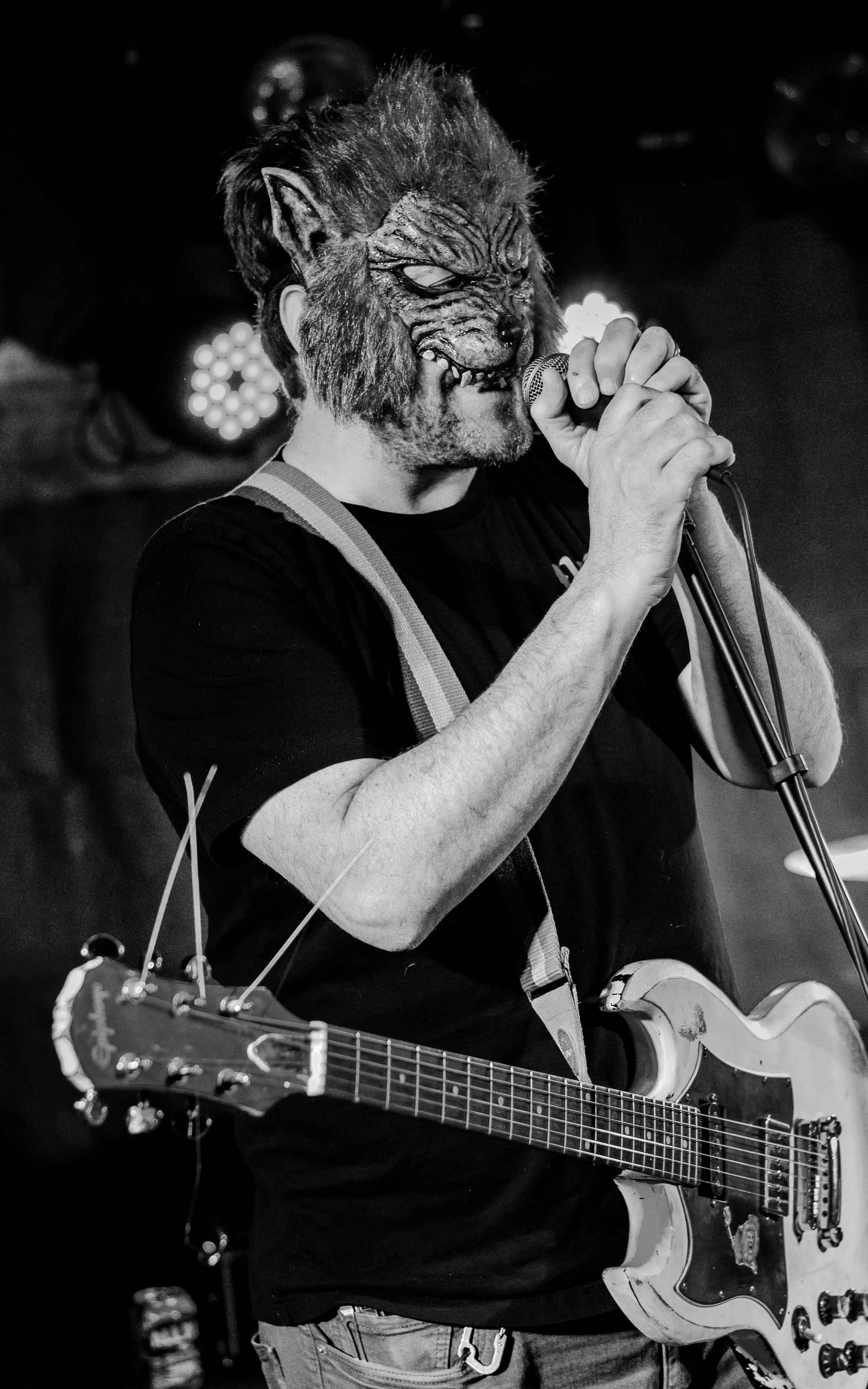 A person wearing a wolf mask singing into a microphone while holding a guitar during a performance.