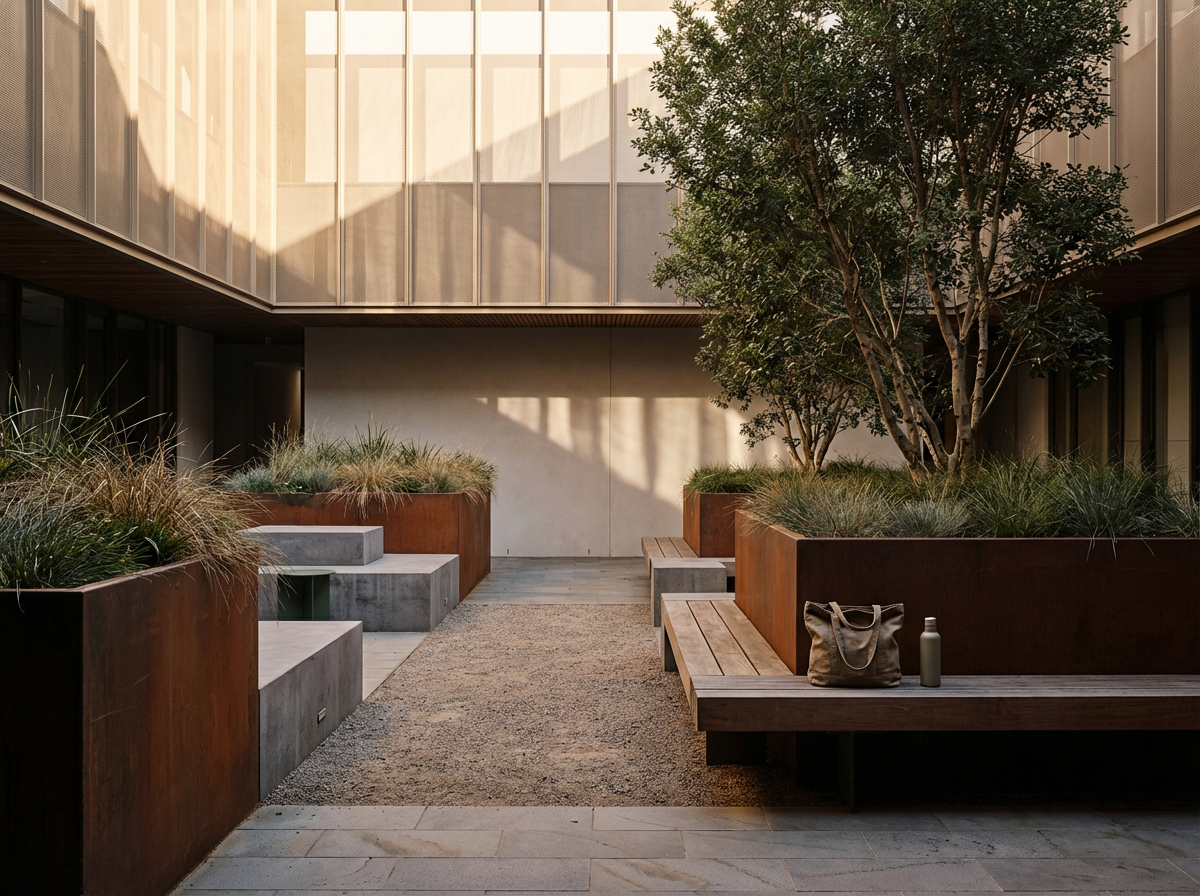 Modern courtyard with planters, trees, benches, and a pathway, bathed in warm sunlight.