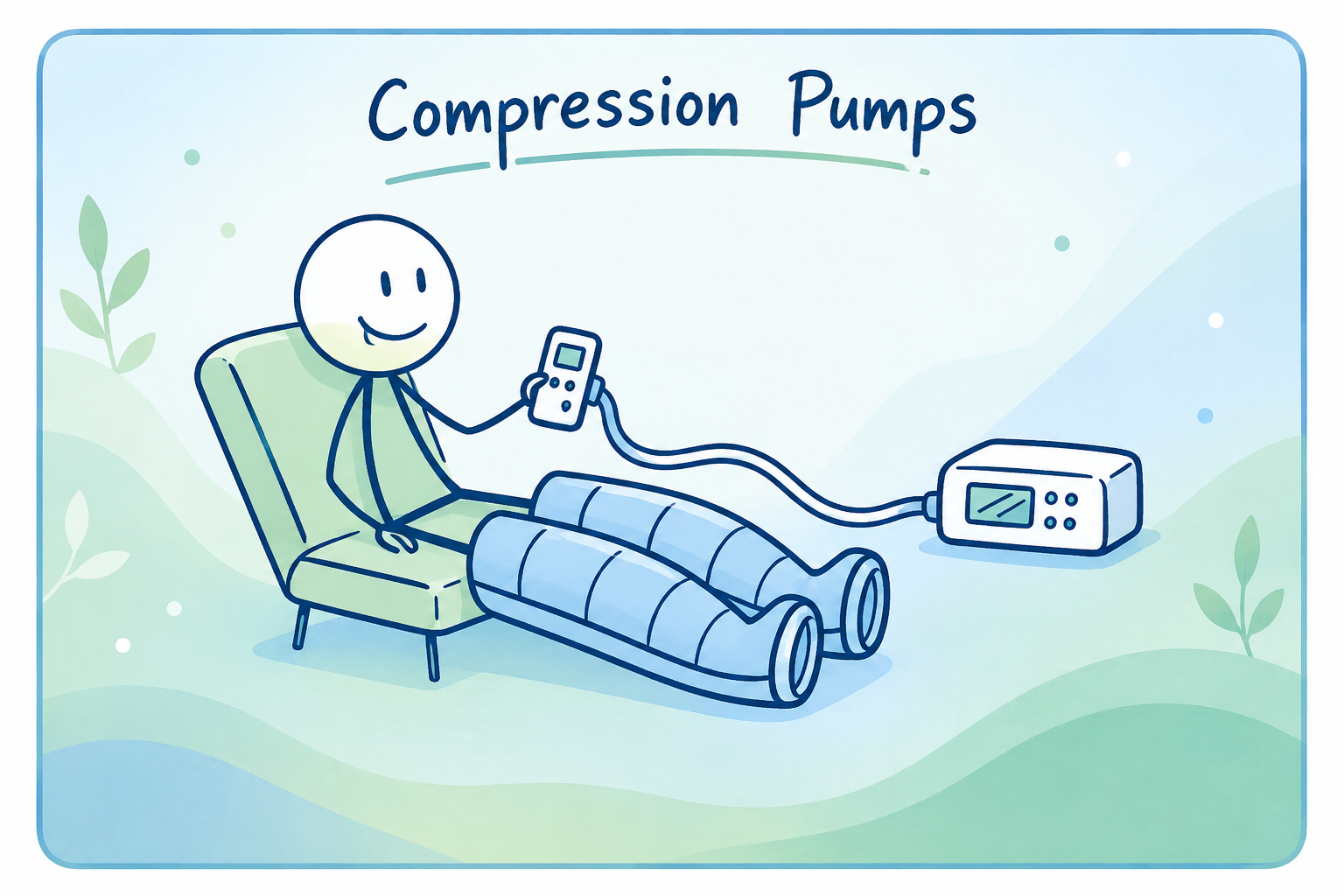 A cartoon drawing of a person sitting in a chair with their legs in compression boots and using a remote control, connected to a medical compression pump labeled 'Compression Pumps'. The background has a light, calming design with leaves and abstract shapes.