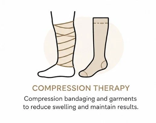 Illustration of a leg with compression bandages and a sock, demonstrating compression therapy for swelling reduction.