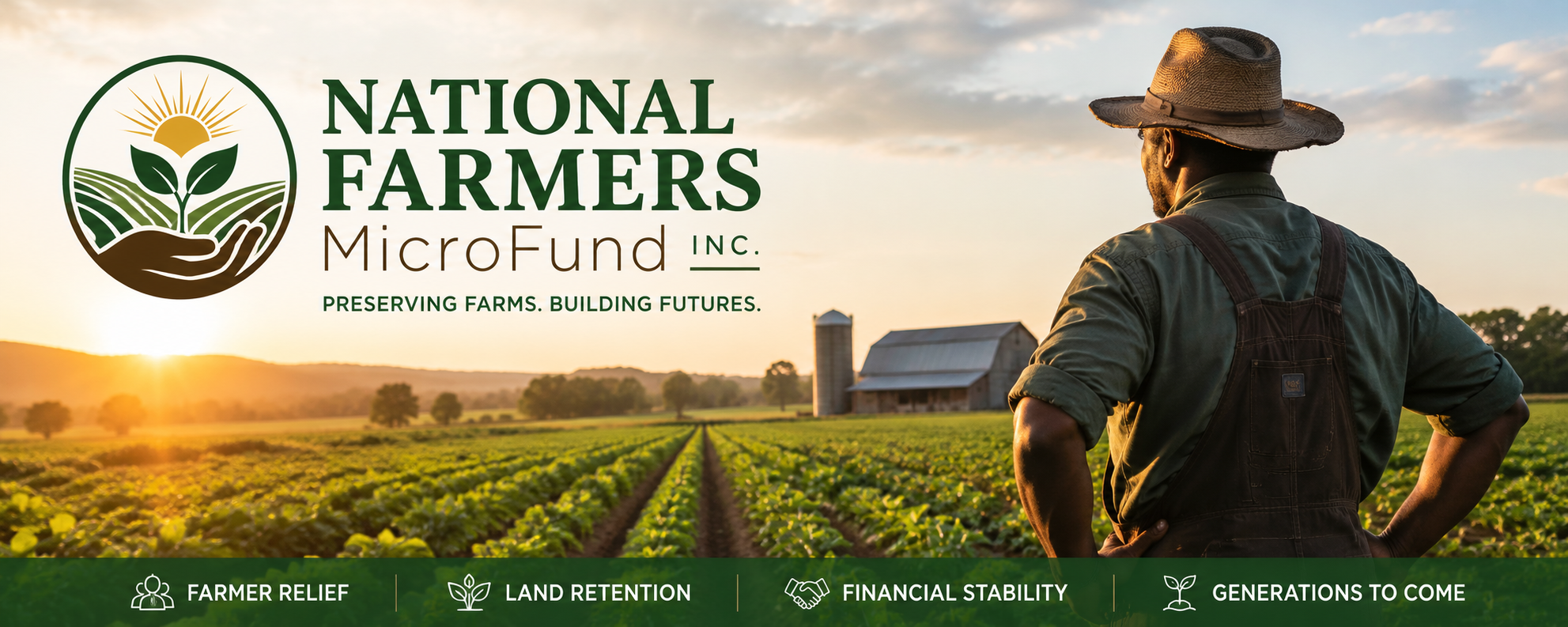 A farmer wearing a wide-brimmed hat and overalls standing in a lush green farm field at sunset with a barn and silos in the background. The image promotes National Farmers MicroFund Inc. with a logo featuring a hand holding a sprouting plant and sun rays. Text highlights include Farmer Relief, Land Retention, Financial Stability, and Generations to Come.