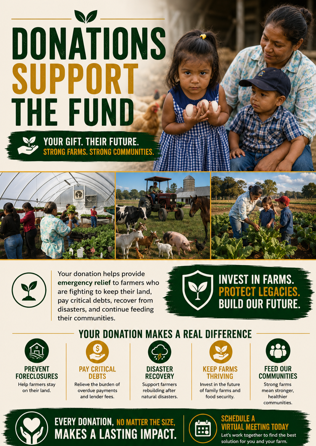 A flyer promoting donations to support farmers and rural communities, featuring images of children, farming activities, and farm animals, with messages about investing in farms and building future resilience.