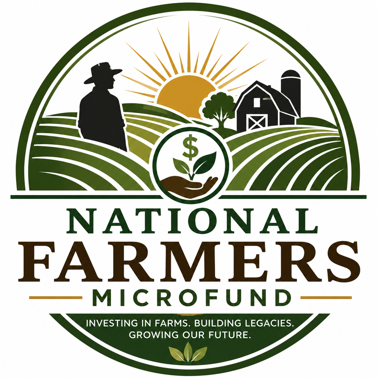A logo for the National Farmers Microfund featuring a farm scene with rolling fields, a barn, a silo, a tree, and a rising sun. The silhouette of a farmer is on the left, with a hand holding a plant with a dollar sign in the center. The text below reads 'National Farmers Microfund' with a tagline 'Investing in farms, building legacies, growing our future.'