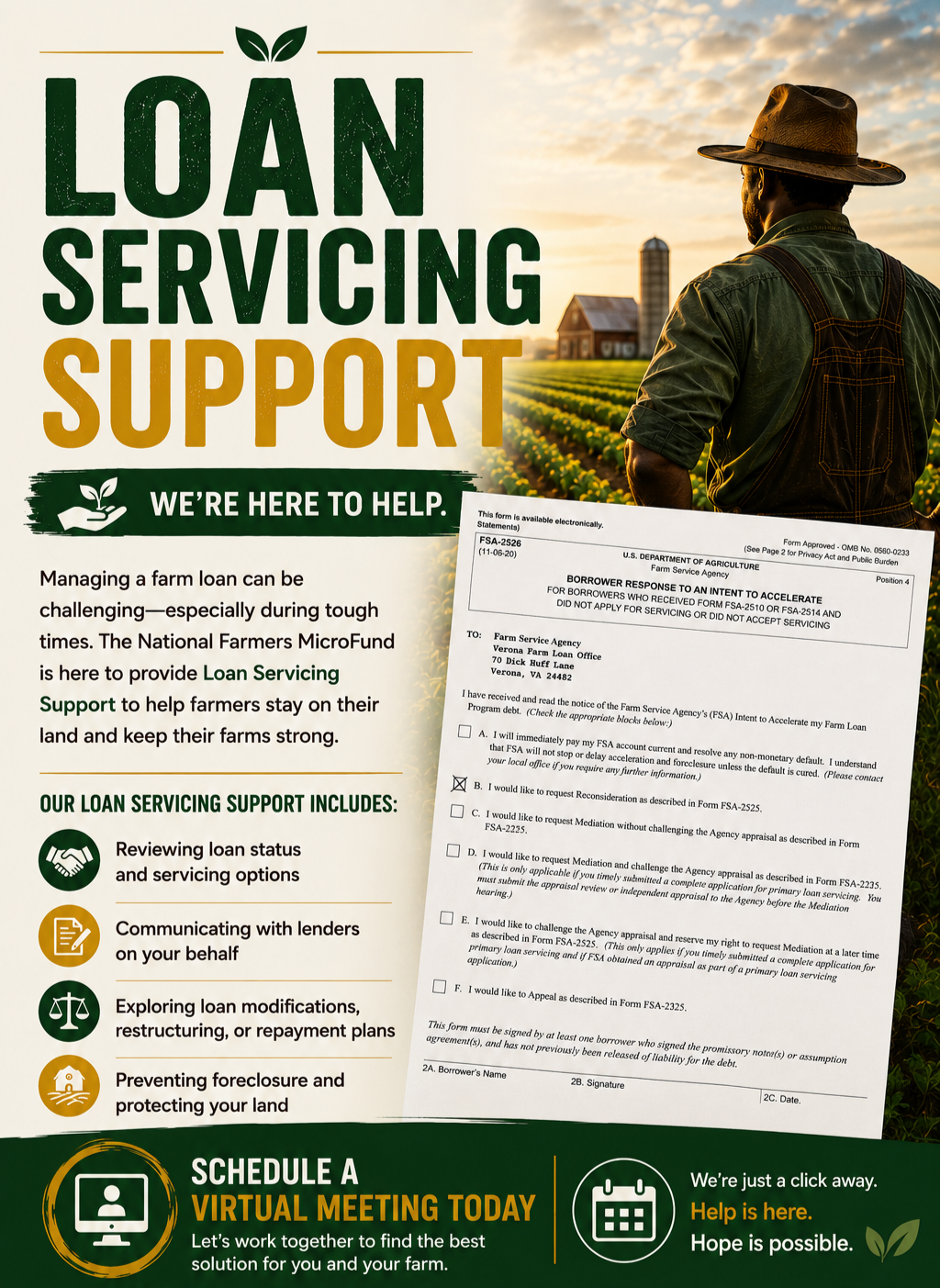 A farm scene at sunset with a farmer wearing a hat and overalls, standing in a field of crops with a barn and silo in the background. There is an informational poster about farm loan servicing support and a notice related to farm loan forms.