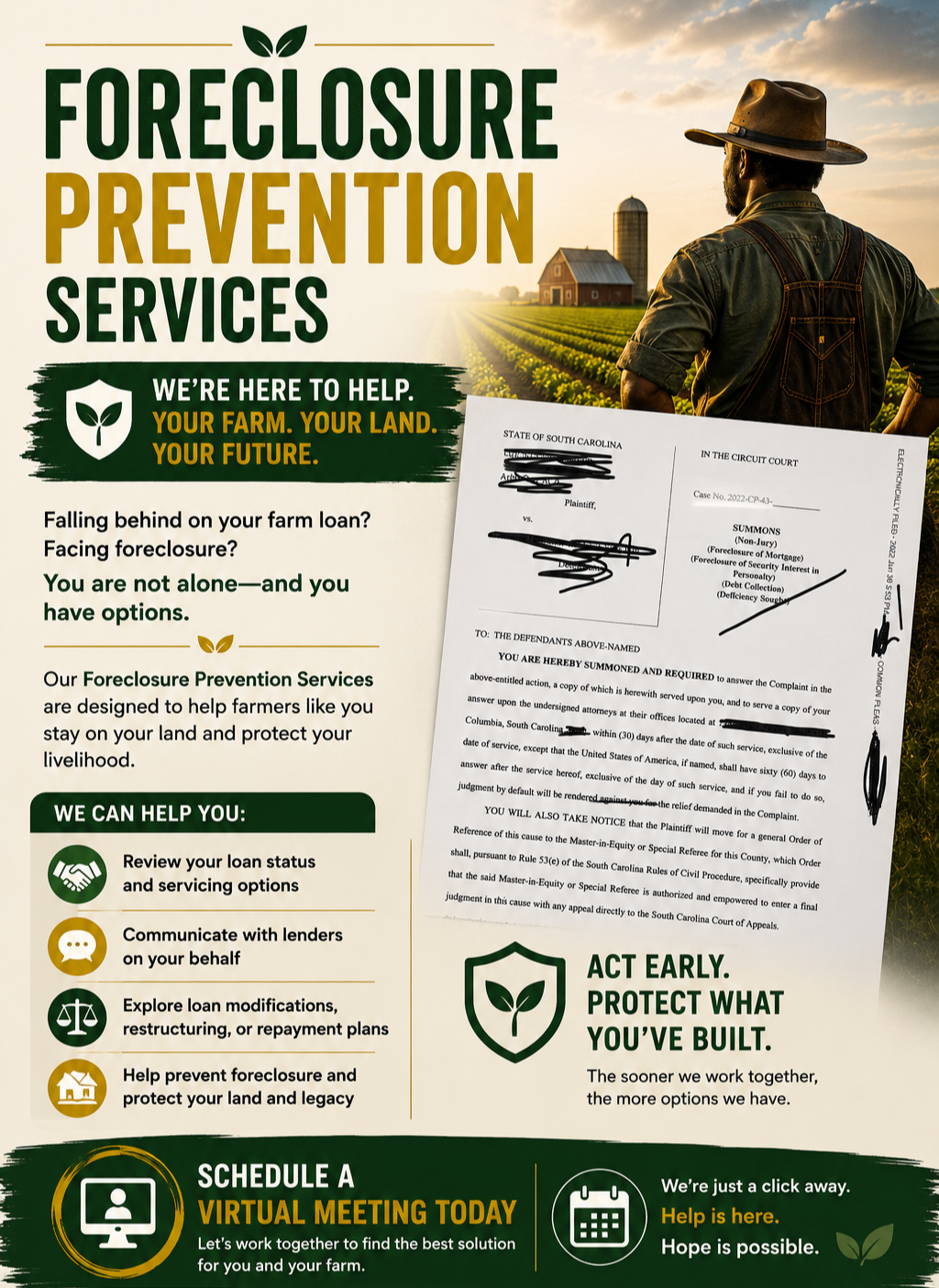 Flyer for foreclosure prevention services featuring a farm background with a man wearing a hat looking at farmland, and a court summons document overlay.