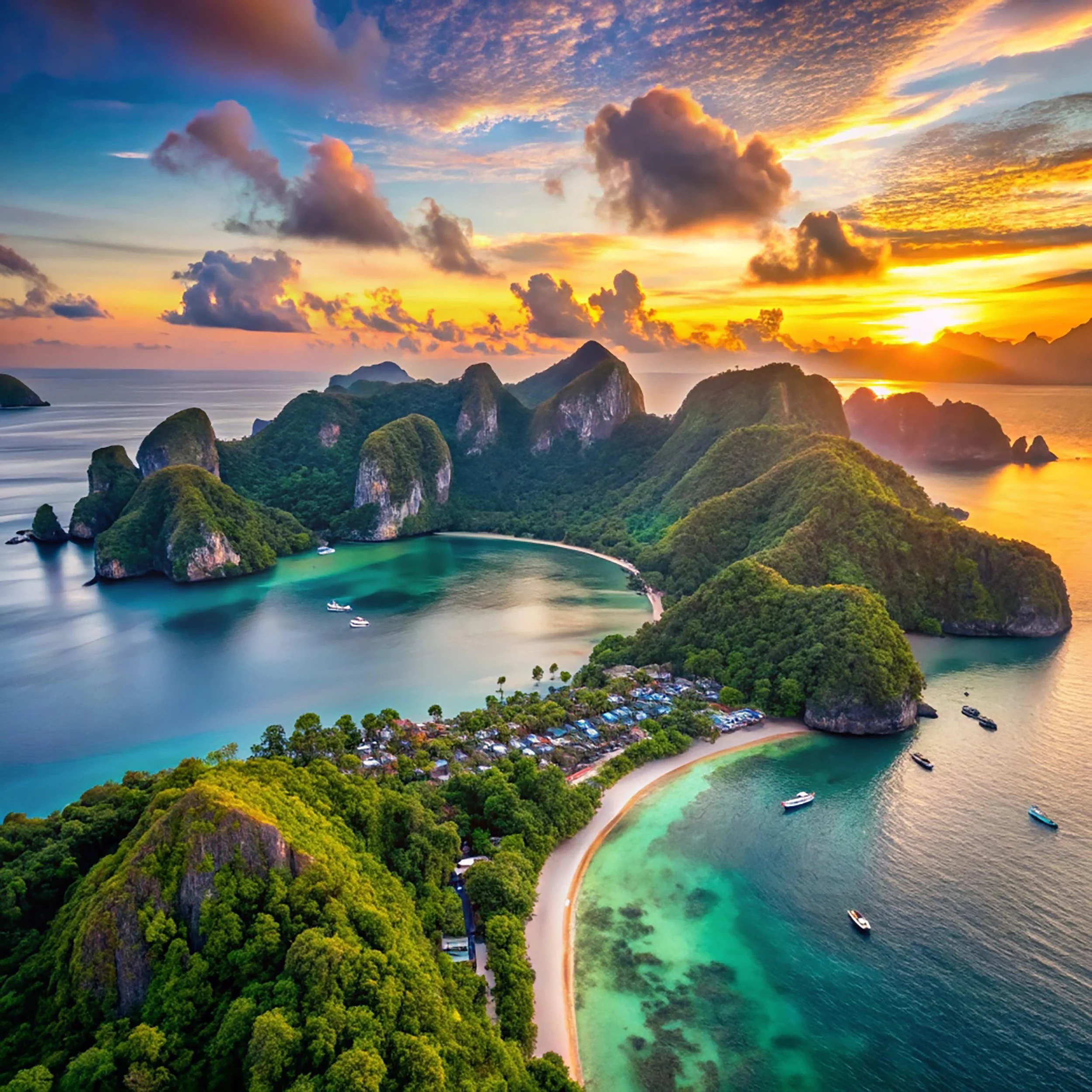 Aerial view of tropical islands with lush green vegetation, calm turquoise waters, boats, and a sandy beach at sunset with colorful clouds and vibrant sky.