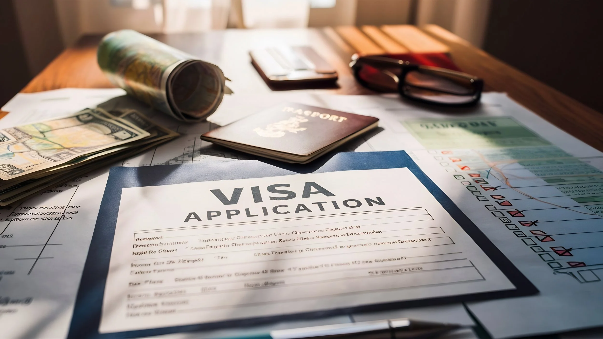 A table with various travel documents including a visa application form, passports, currency notes, a map, and glasses illuminated by natural sunlight.