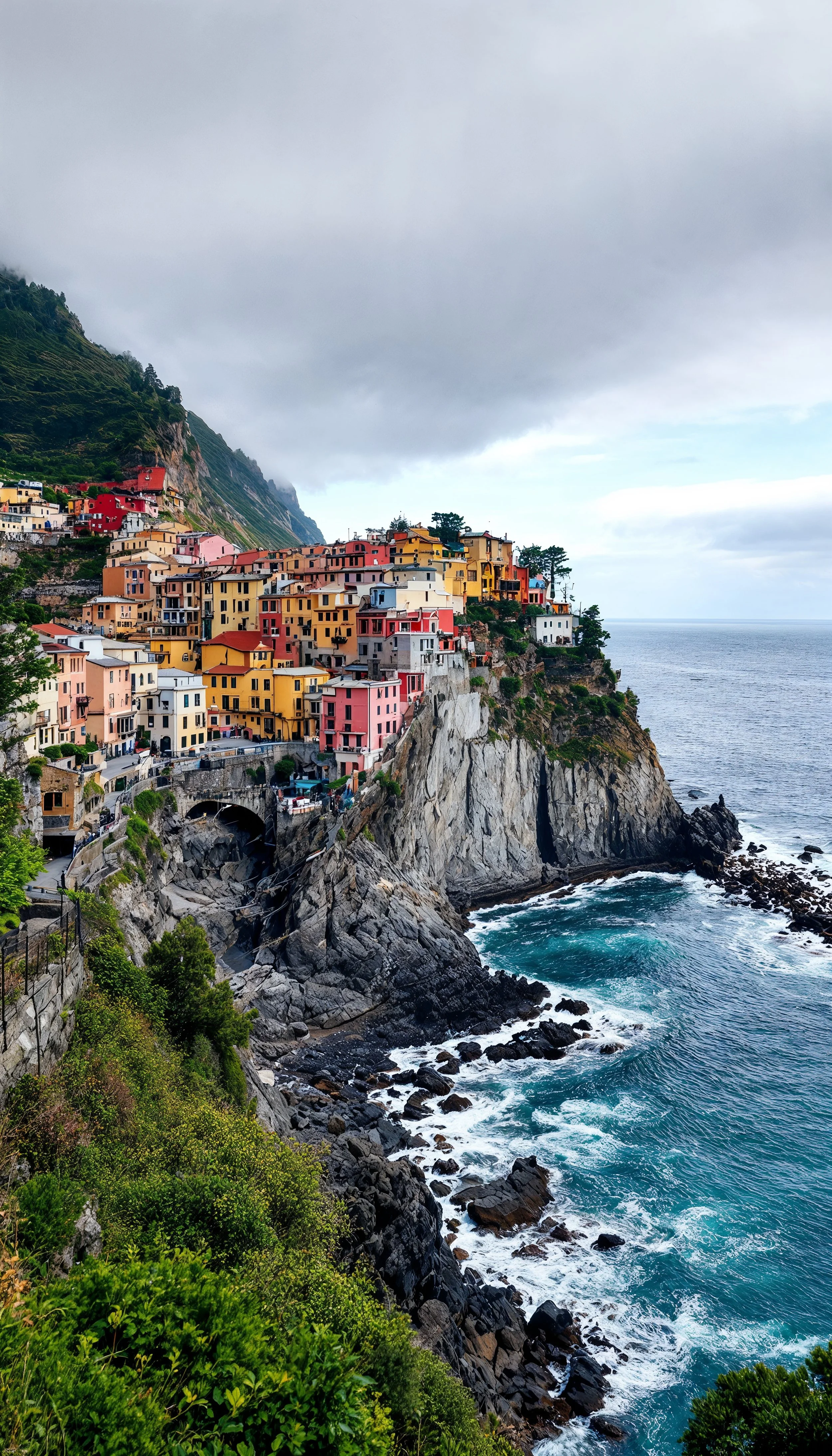 Colorful houses on a cliffside overlooking the ocean, with storm clouds above.