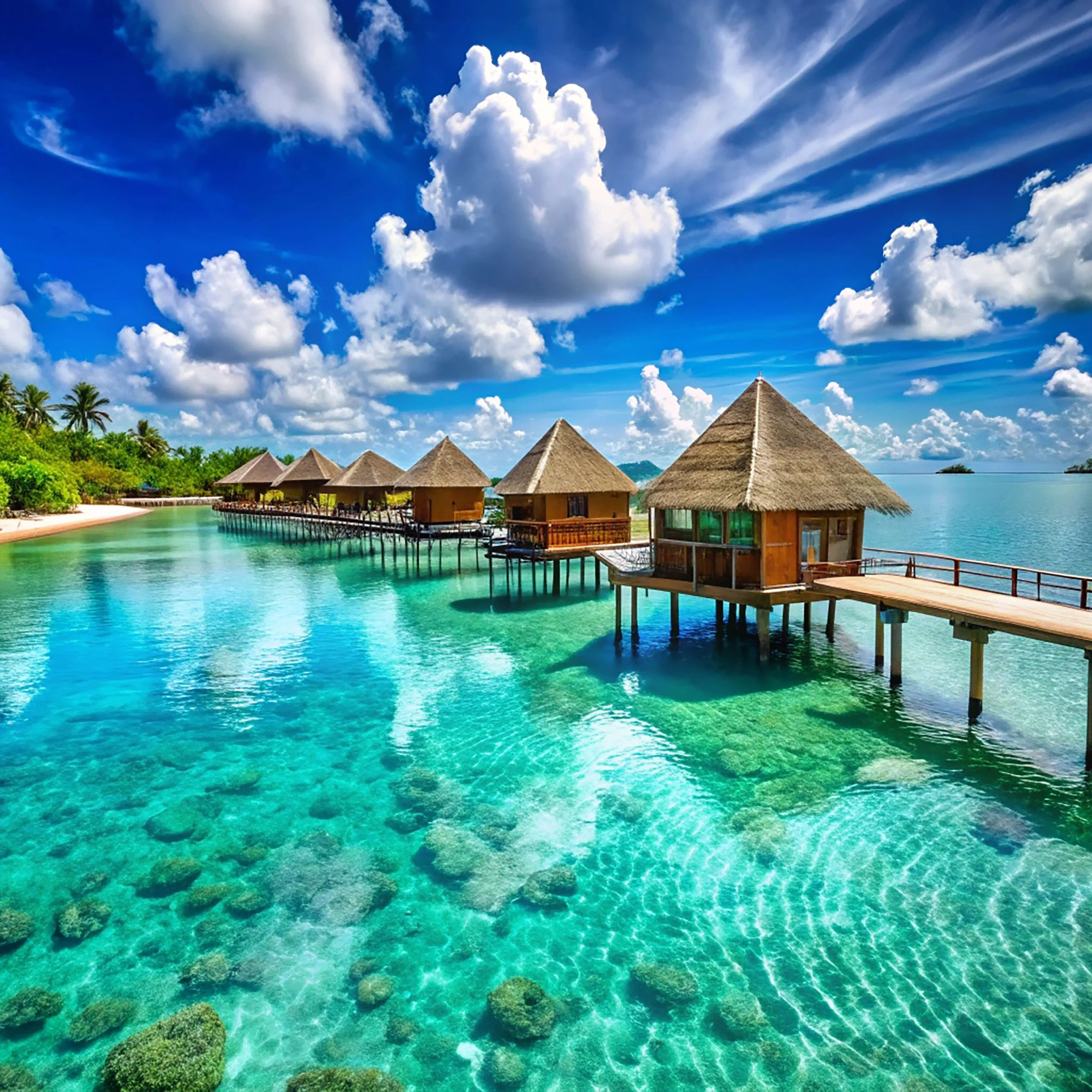 Overwater bungalows with thatched roofs along a tropical turquoise sea, with a partly cloudy sky above.
