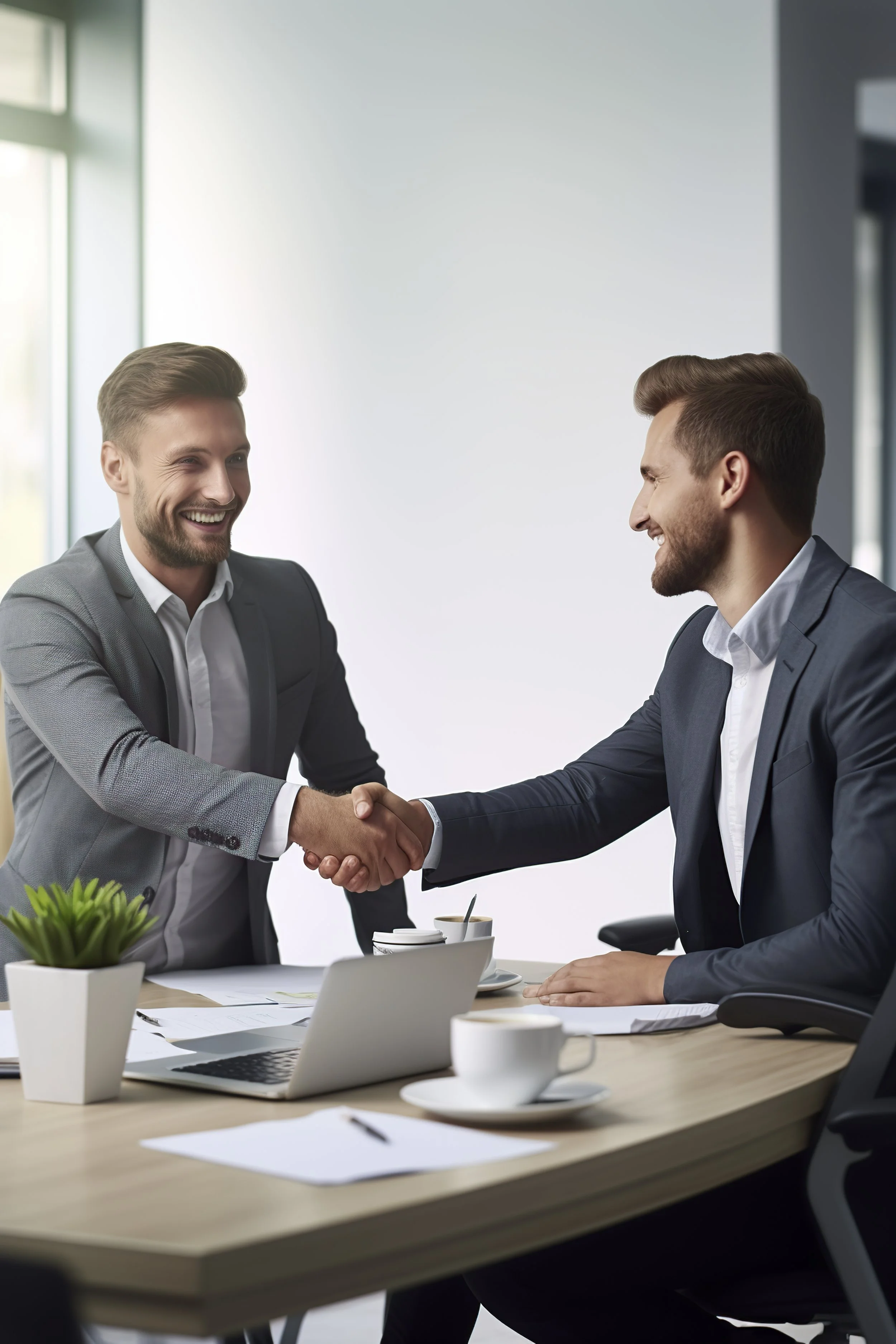 Two businessmen in suits shaking hands in a modern office setting, smiling. There are laptops, papers, and coffee cups on the table.