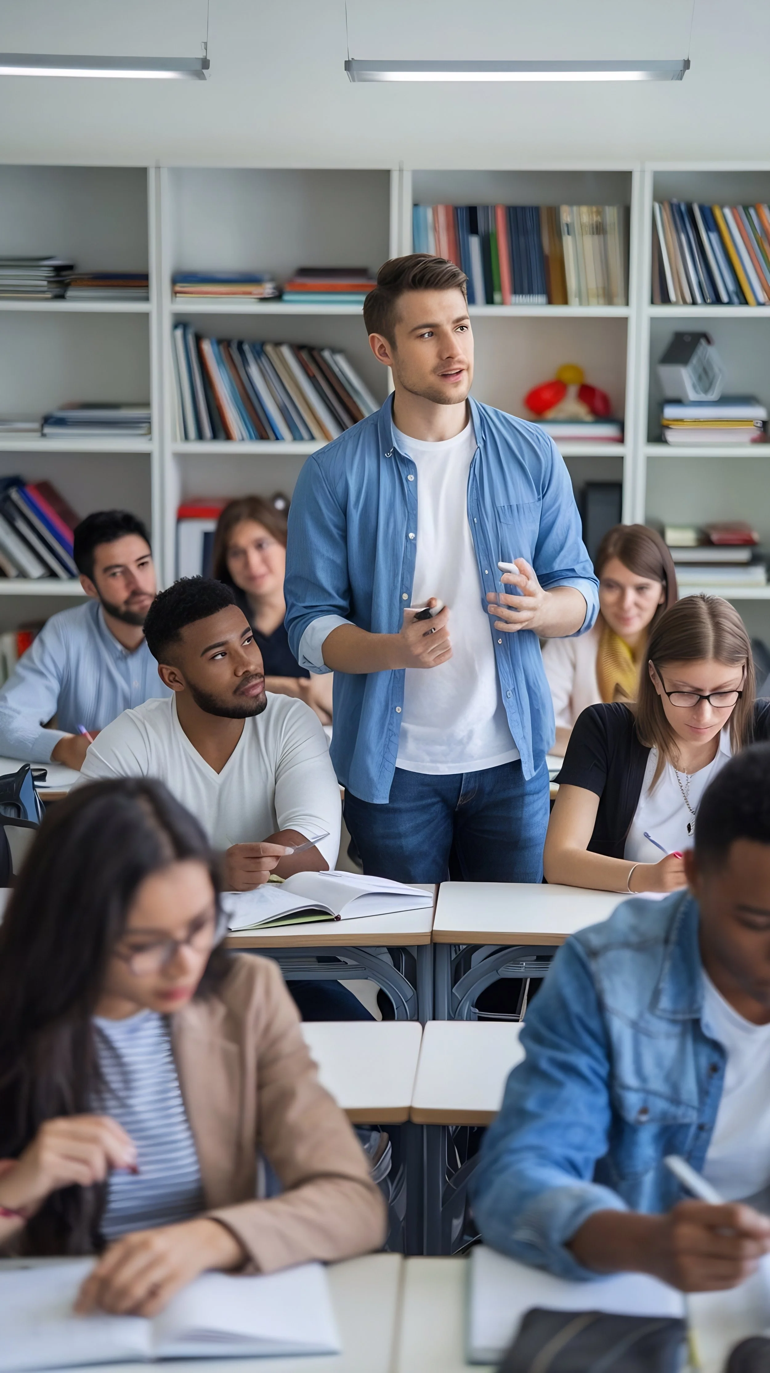 A classroom with students listening to a male teacher in a blue shirt, standing and speaking, with bookshelves in the background.