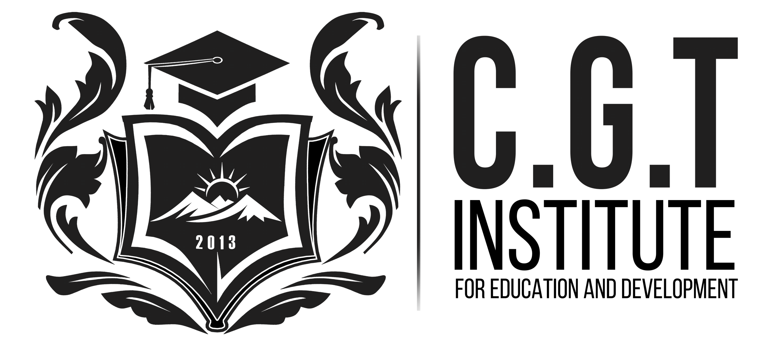 Logo for the F.C.U. Institute featuring an open book with a sun rising over mountains, a graduation cap, and decorative flourishes, with the year 2013.