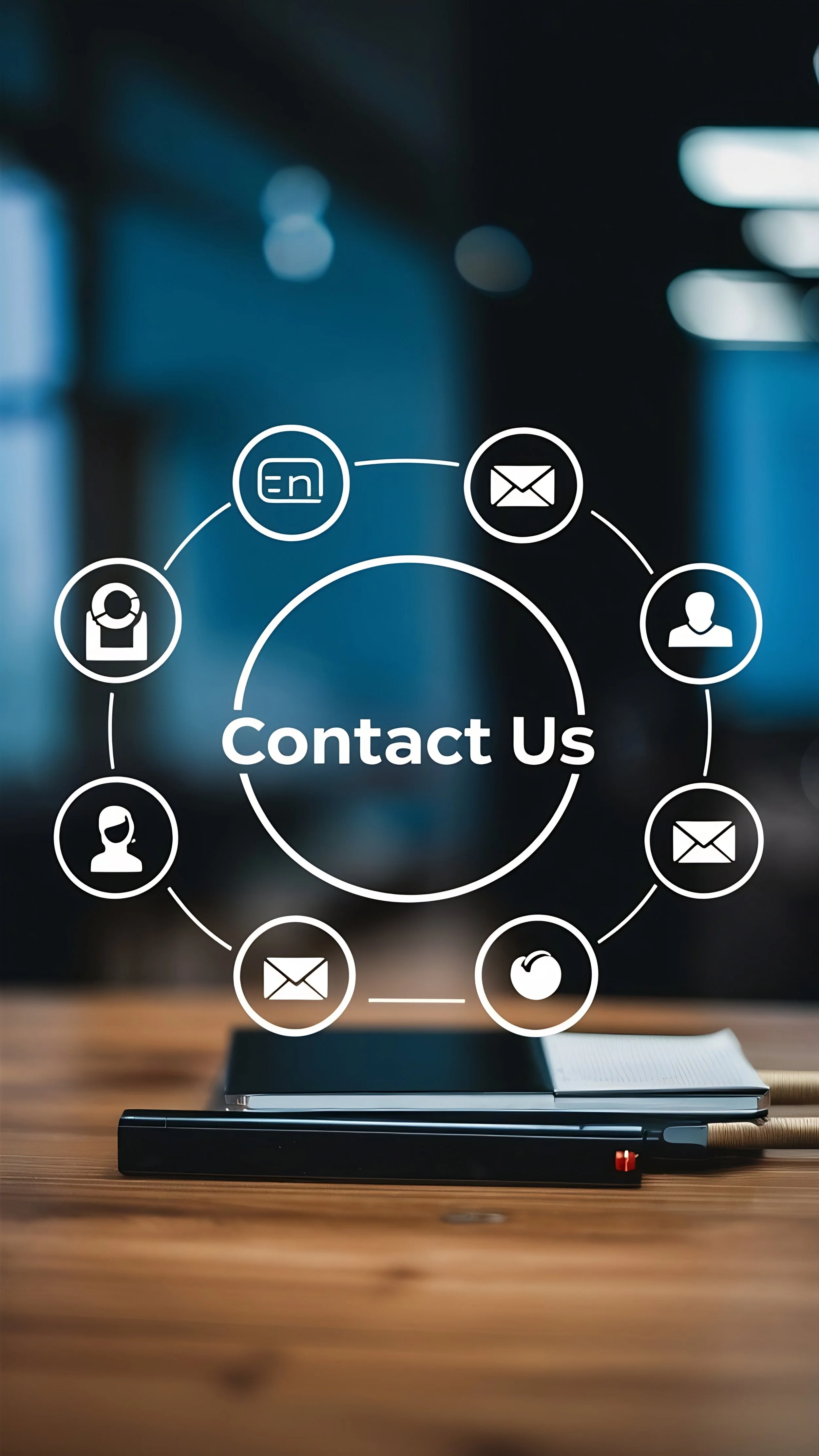 A digital graphic overlay displays contact icons around a central message saying 'Contact Us' on a blurred background of an office with a desk, a closed laptop, and a notebook with a pen.