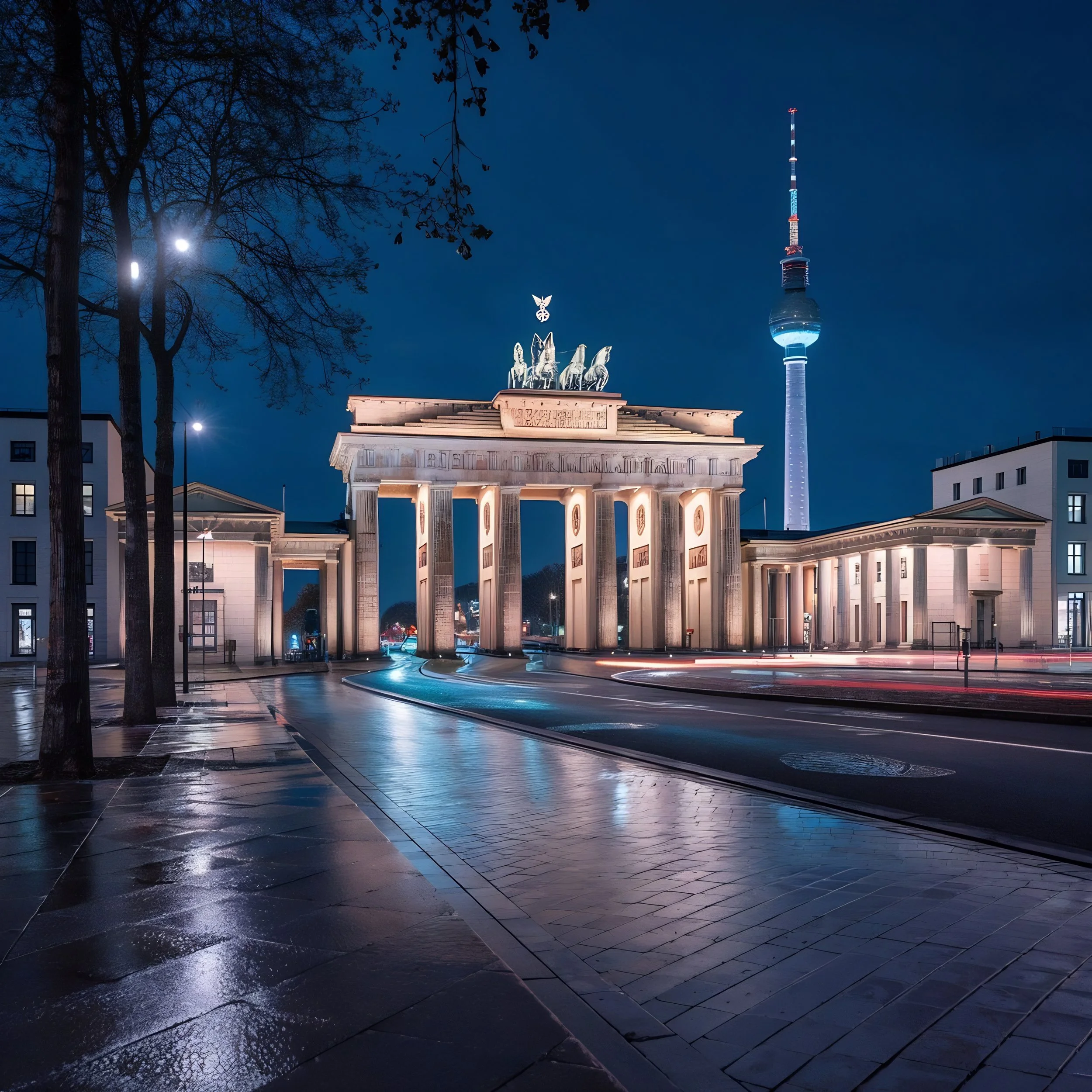 Nighttime city scene with the Brandenburg Gate illuminated and wet streets reflections, tall television tower in Berlin, Germany, with colorful lights and a clear sky with moon.