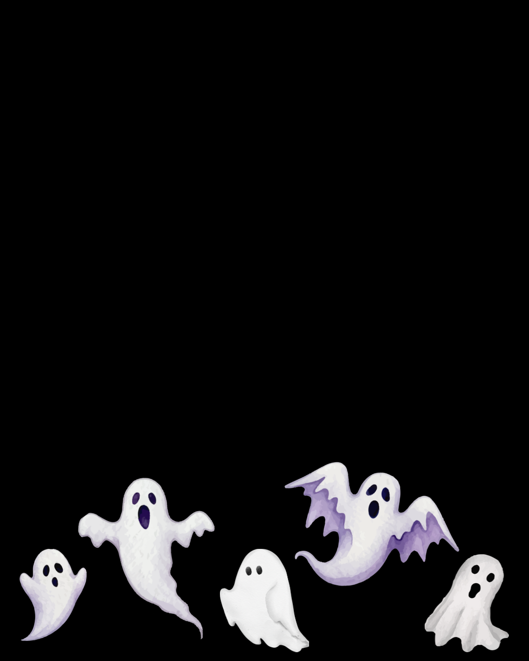 Five cartoon-style ghosts with different shapes and facial expressions are at the bottom of a black background, resembling a spooky Halloween theme.