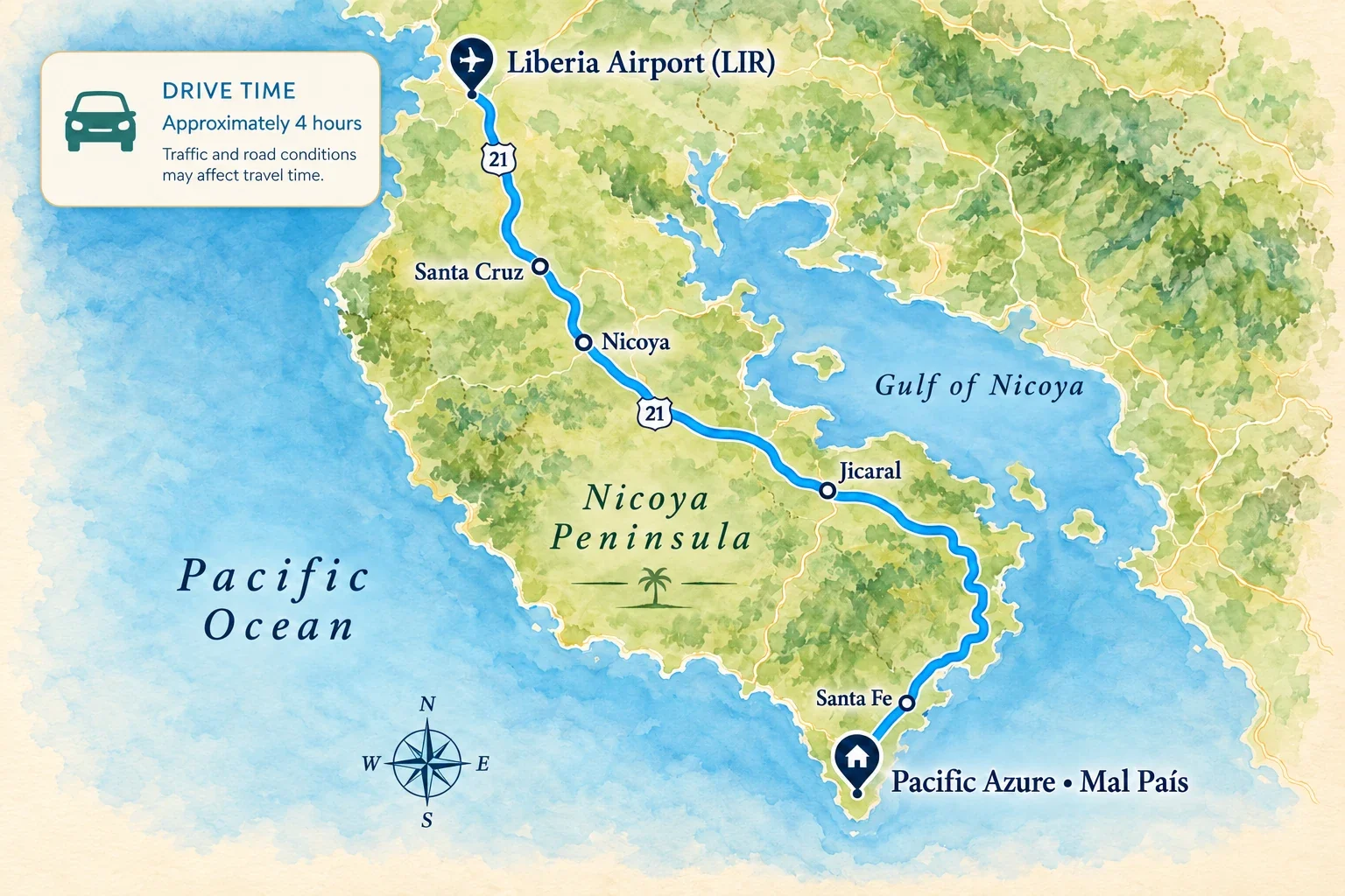 Map showing the driving route from Liberia Airport (LIR) through Santa Cruz, Nicoya and Jicaral to Pacific Azure in Mal País, Costa Rica.