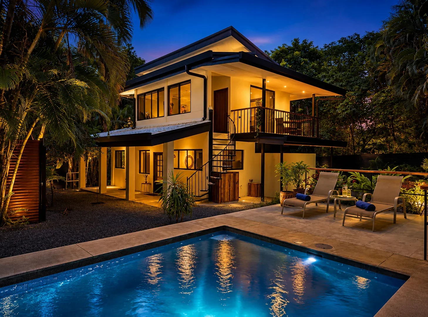 Pacific Cottage at dusk with an illuminated private pool, poolside loungers and tropical gardens in Mal País, Costa Rica.
