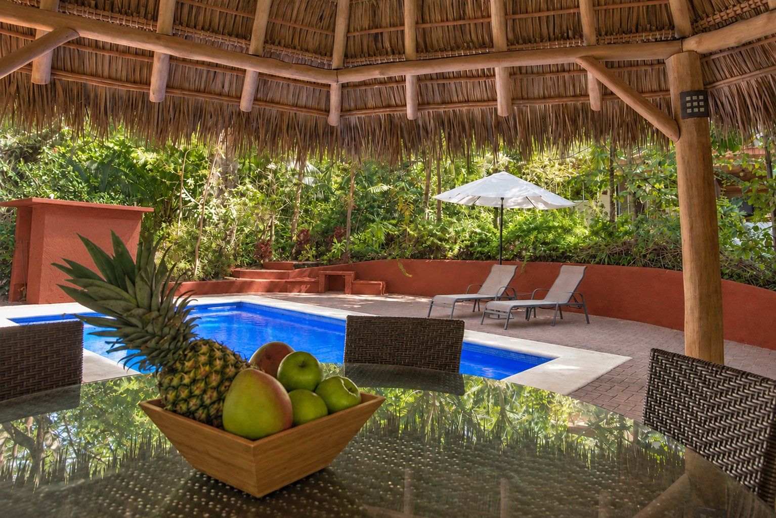 Pool deck, lounge chairs  & palapa