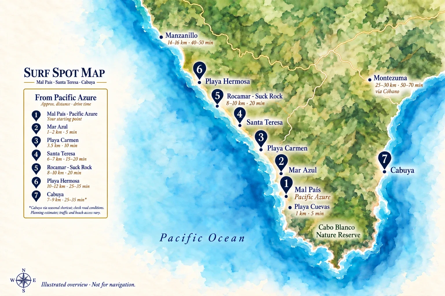 Surf map of Mal País, Santa Teresa and Cabuya showing Pacific Azure, Mar Azul, Playa Carmen, Rocamar–Suck Rock and Playa Hermosa.