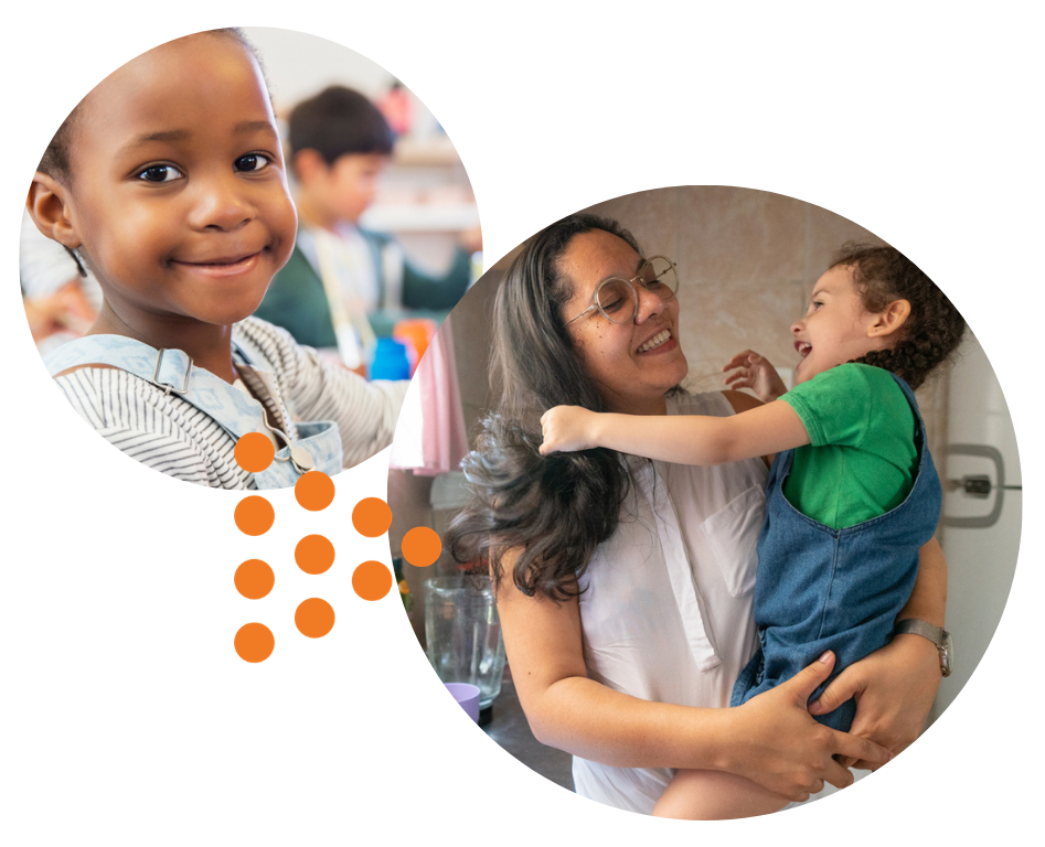a smiling child in child care and a mom holding her young daughter