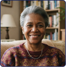 A smiling elderly woman with gray hair sitting in a cozy room with bookshelves in the background