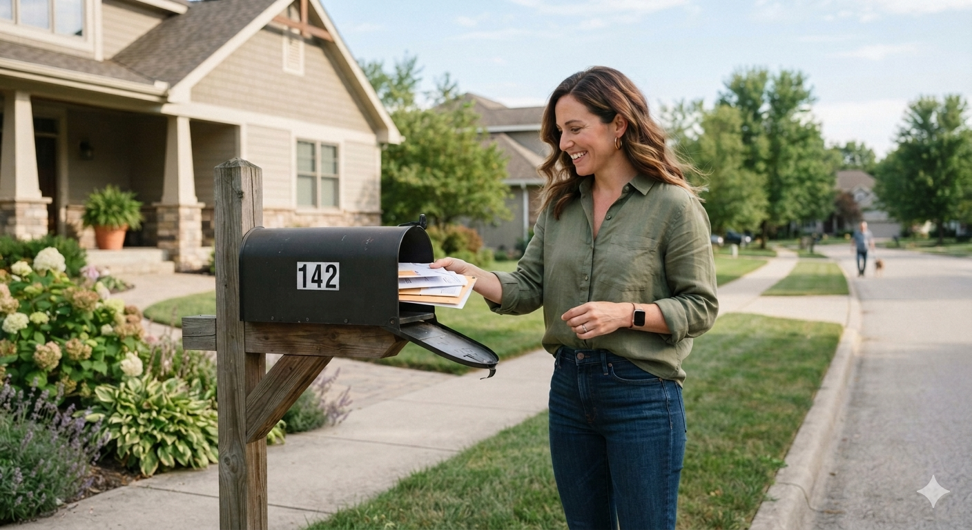 A woman getting her mail out of a black mailbox on a suburban street.