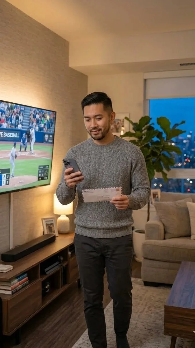 Omnichannel connected world with man standing in living room, watching a baseball game on TV, holding a smartphone and a piece of direct mail.
