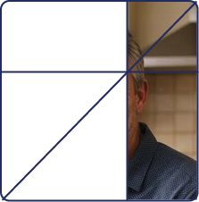 Geometric drawing of an outline square with sections divided by vertical, horizontal, and circle lines.